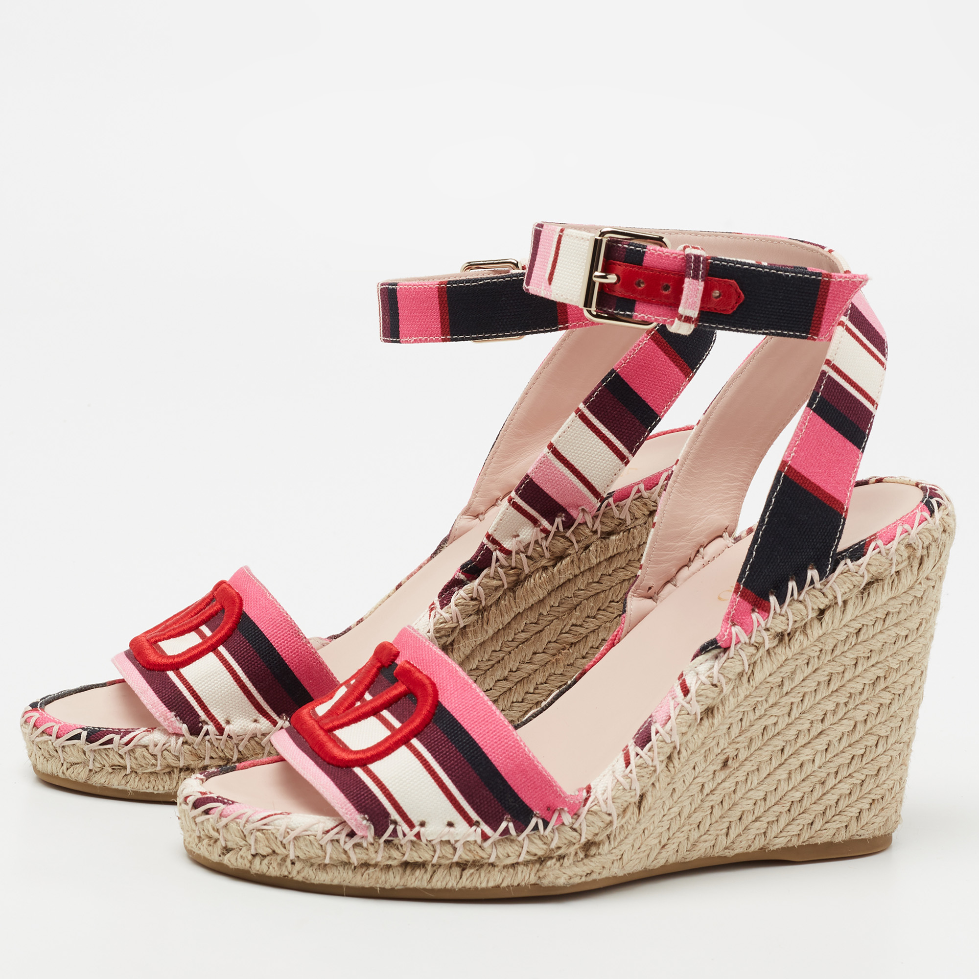 

Valentino Multicolor Canvas Espadrille Wedge Ankle Strap Sandals Size