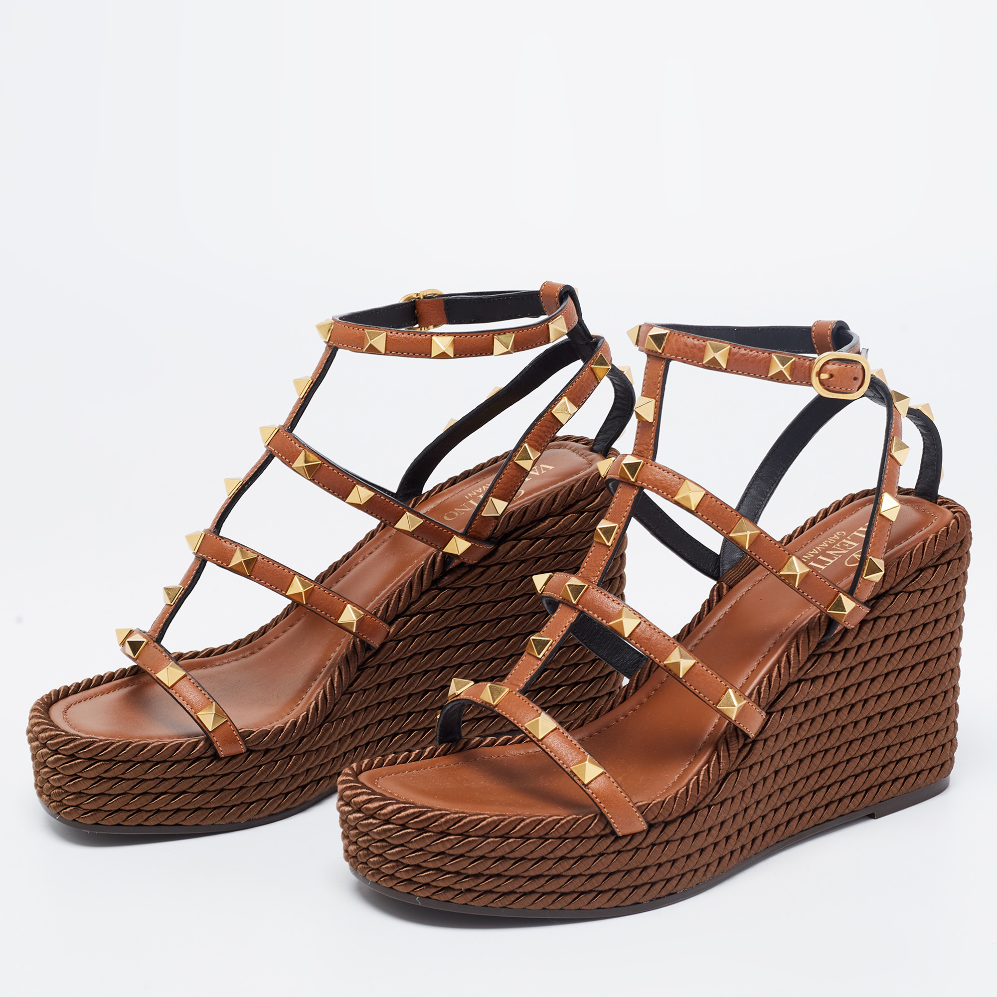 

Valentino Brown Leather Rockstud Rope Wedge Sandals Size