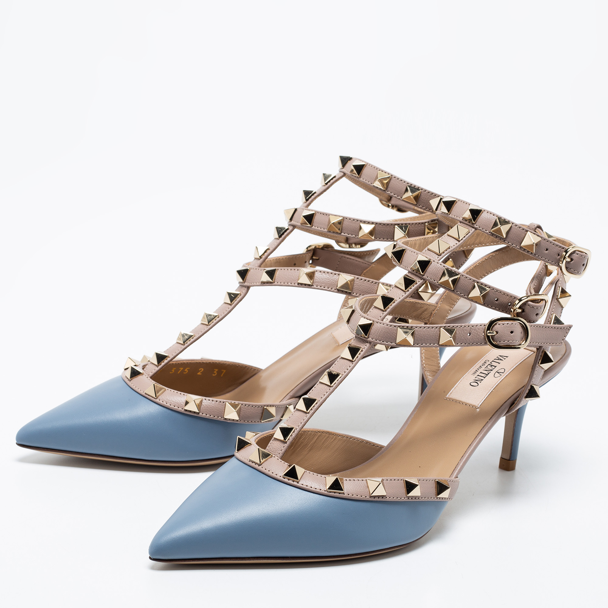 

Valentino Teal/Beige Leather Rockstud Accents T Strap Sandals Size, Blue