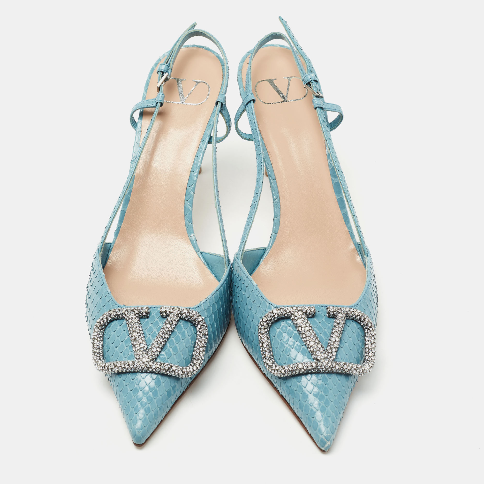 

Valentino Light Blue Python Leather Crystal Embellished VLogo Signature Pointed Toe Slingback Sandals Size