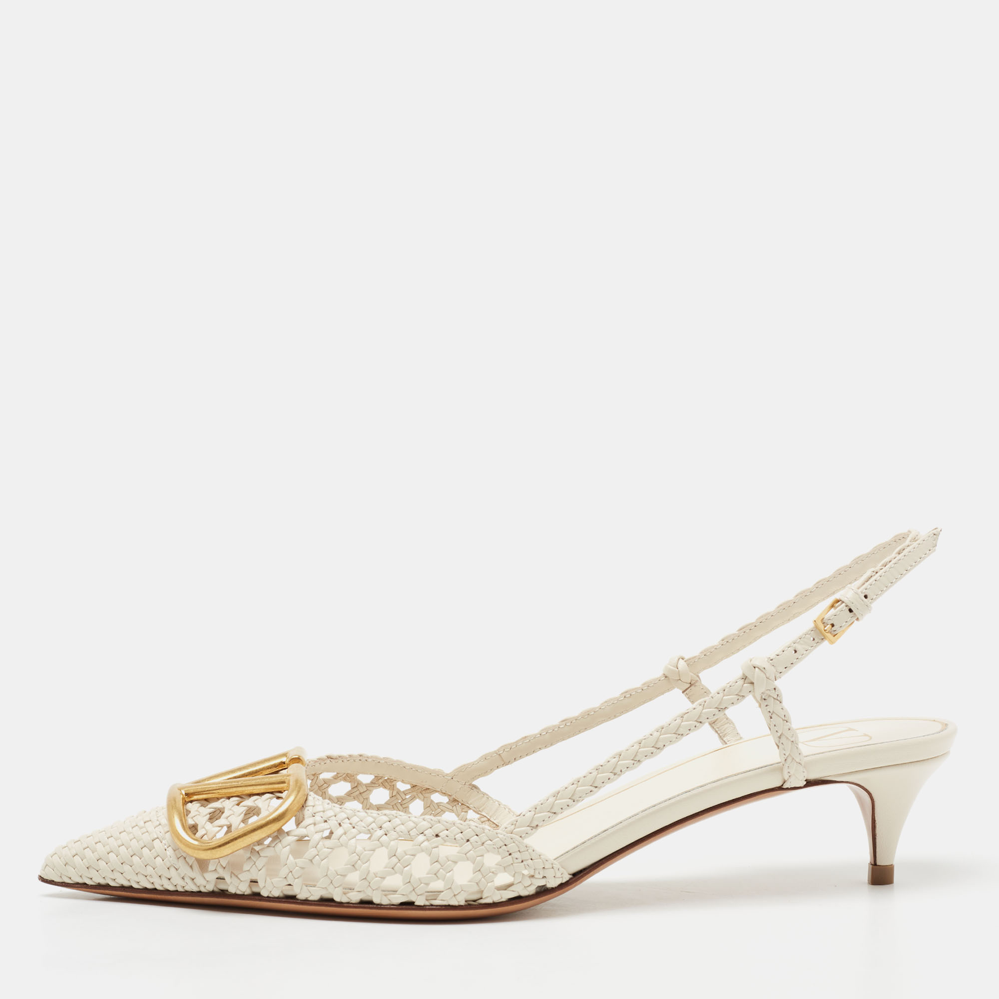 مملوكة مسبقًا Valentino White Woven Leather VLOGO Slingback Sandals Size 41