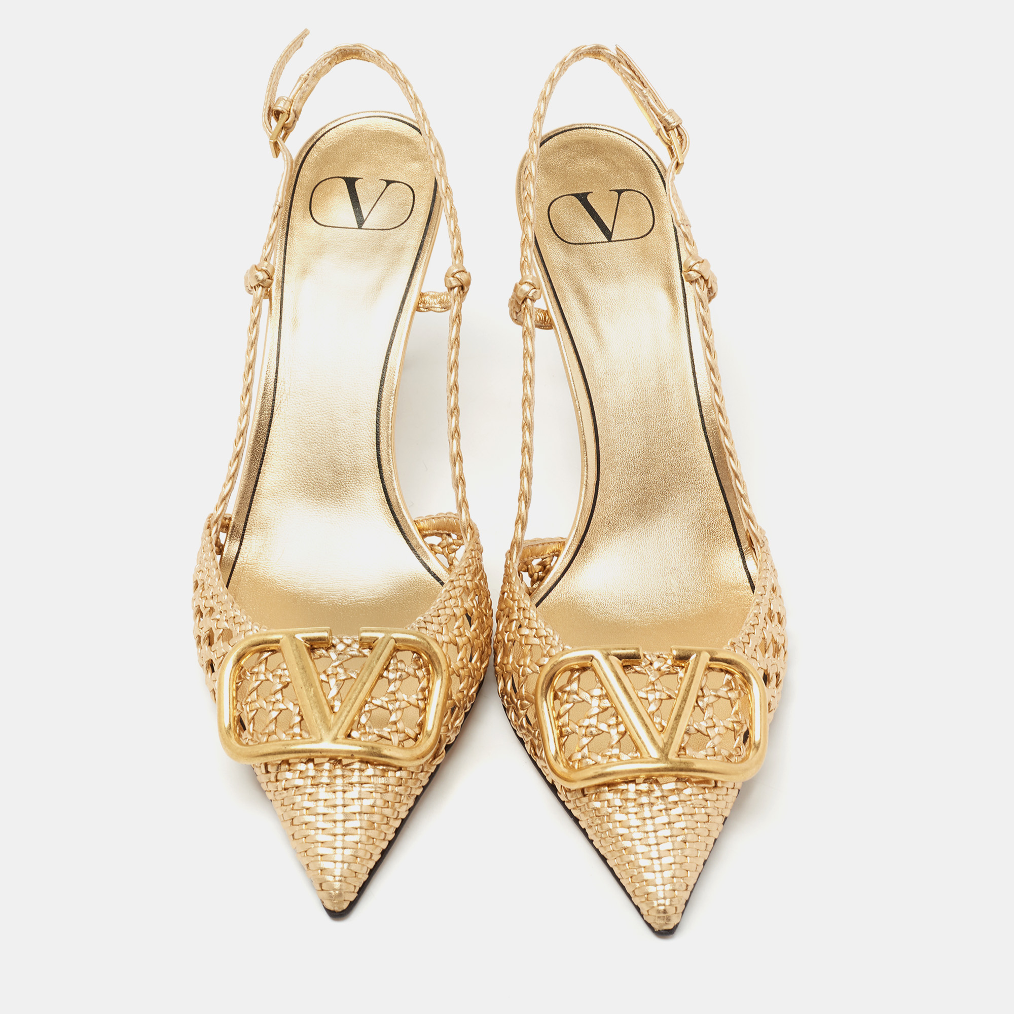 

Valentino Gold Leather VLOGO Pointed Toe Slingback Sandal VLOGO Size