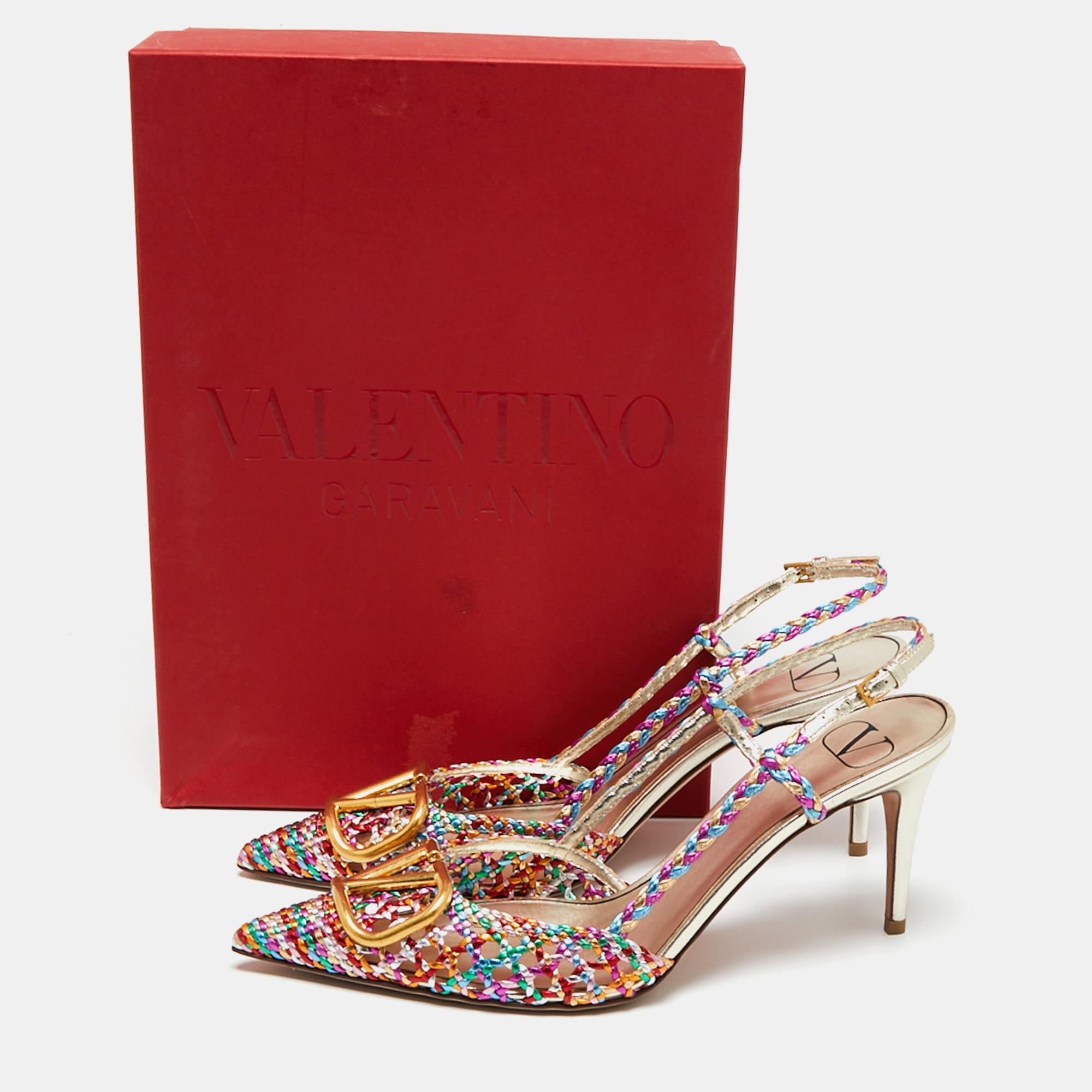 

Valentino Multicolor Woven Leather VLOGO Pointed Toe Slingback Sandal Size