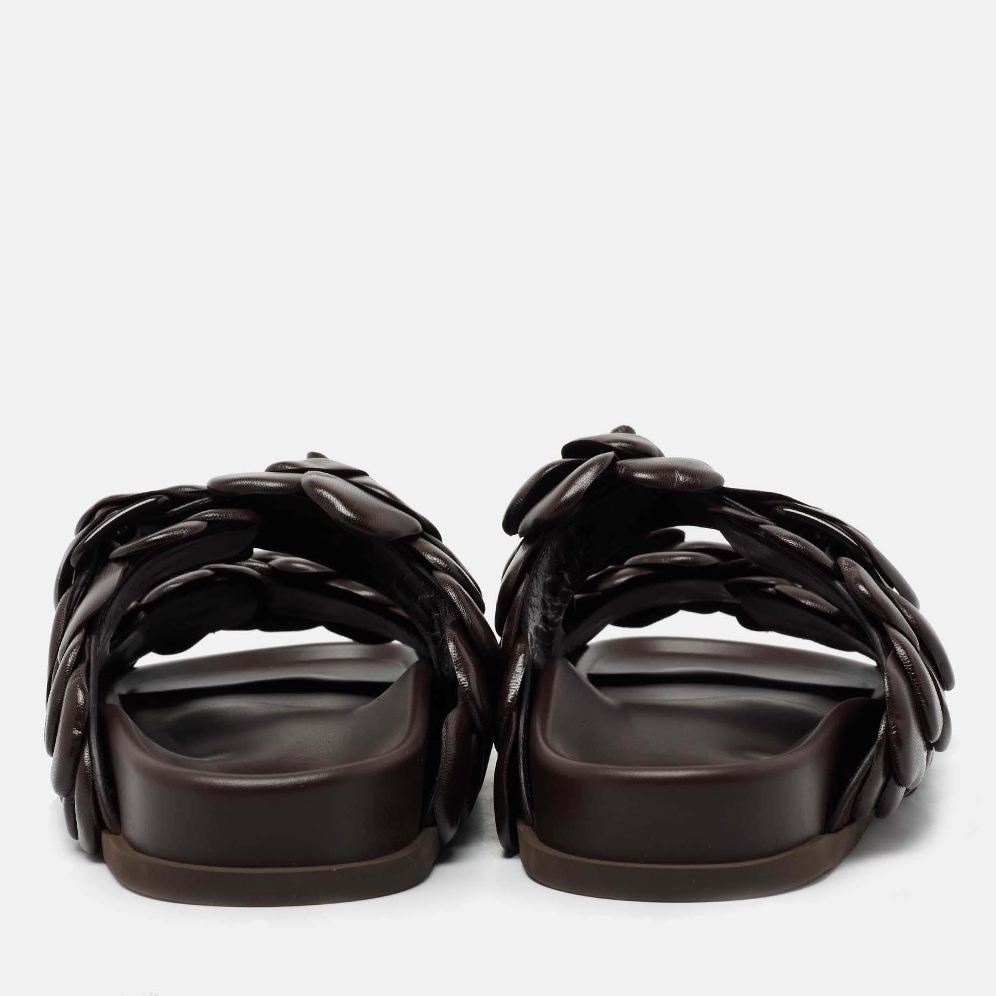 

Valentino Dark Brown Leather Atelier 03 Rose Edition Flat Slides Size
