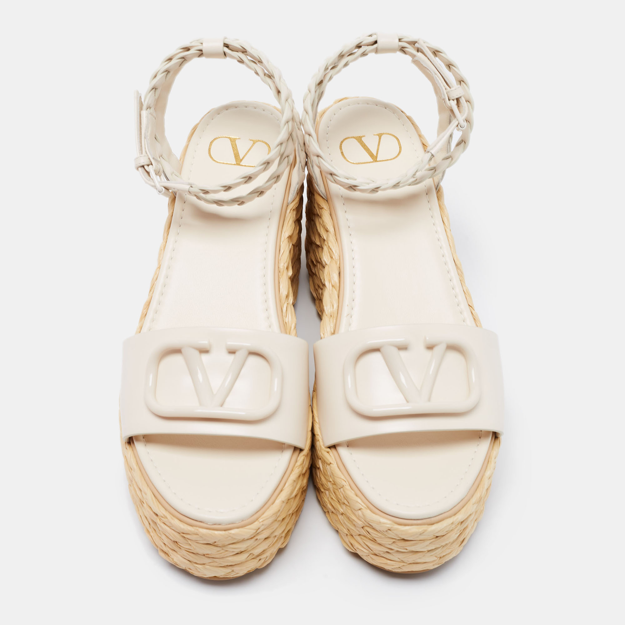 

Valentino White Leather VLogo Signature Raffia Espadrille Wedge Sandals Size