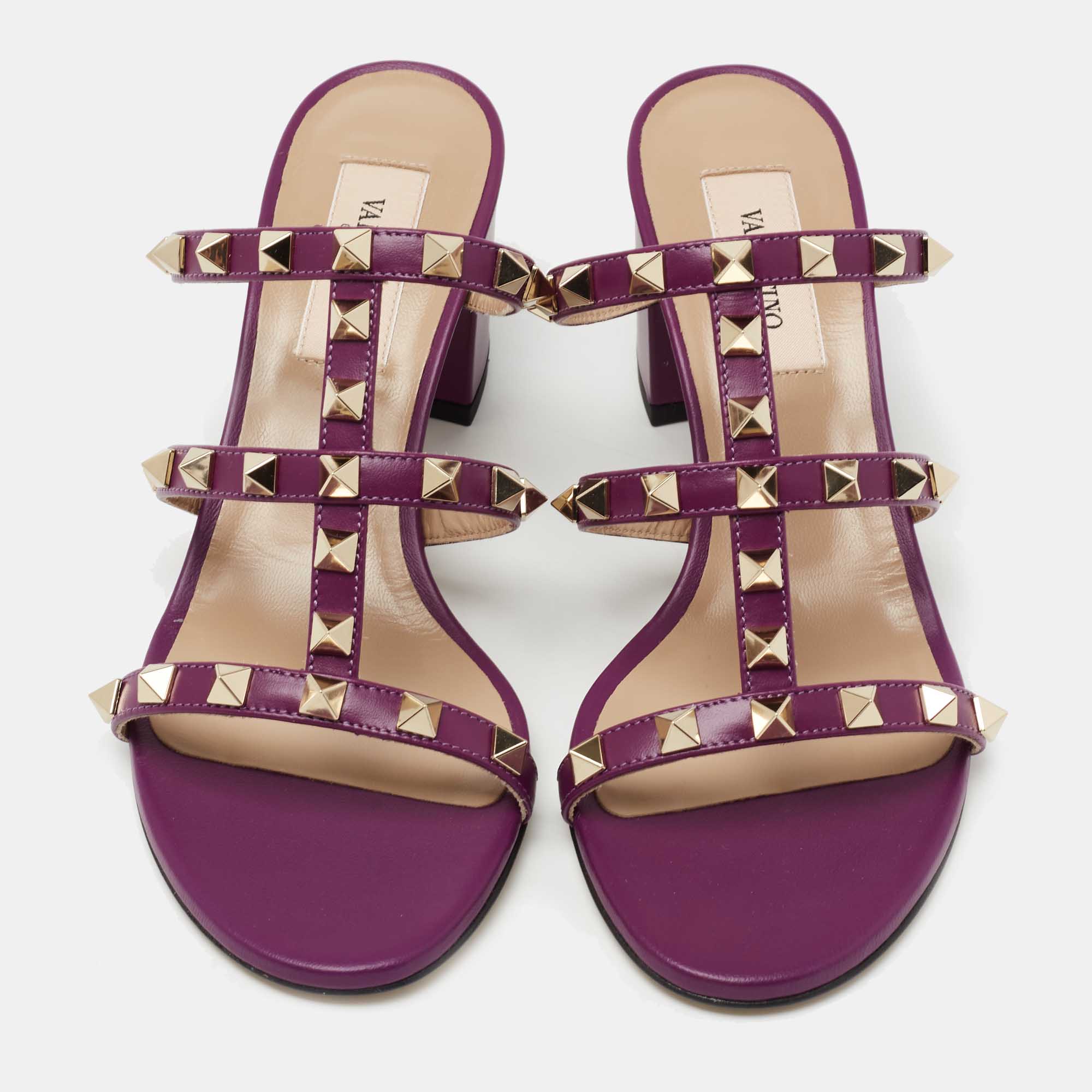 

Valentino Purple Leather Rockstud Block Heel Slide Sandals Size