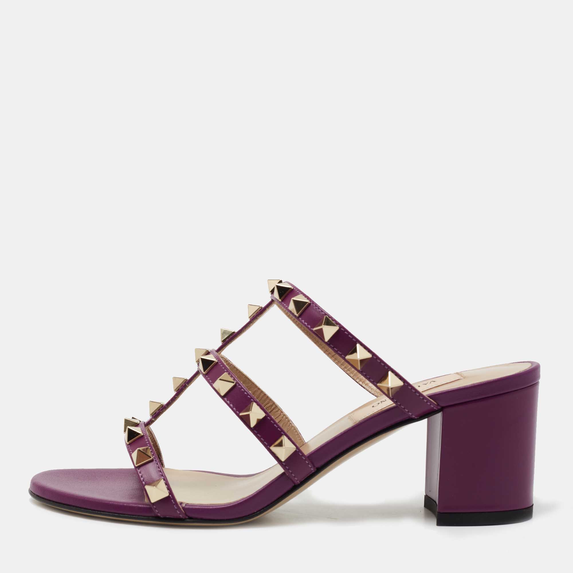 Valentino Purple Leather Rockstud Block Heel Slide Sandals Size 39.5