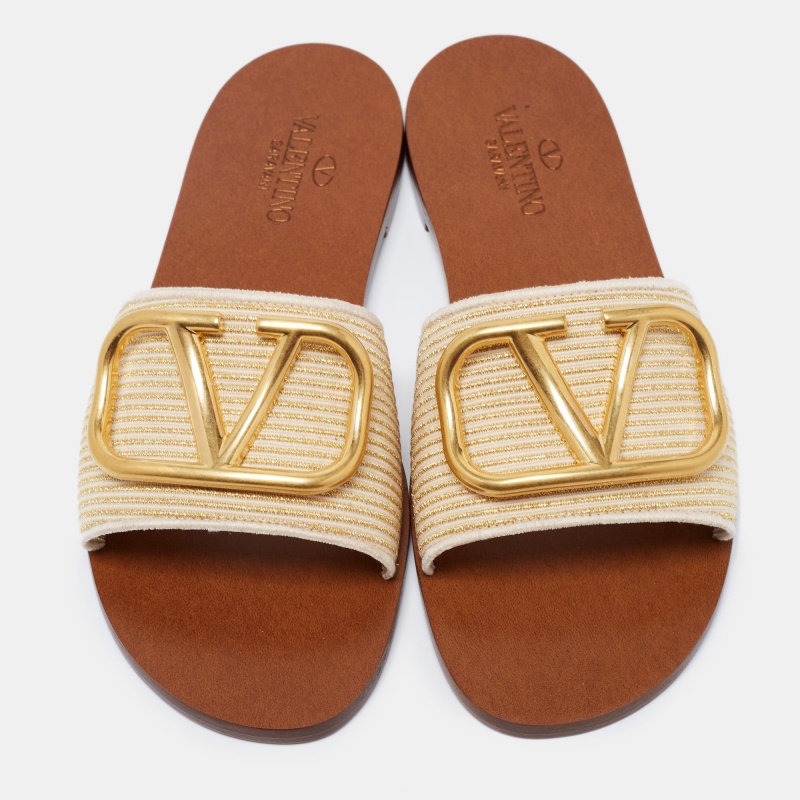 

Valentino Beige Fabric V Logo Flat Slides Size
