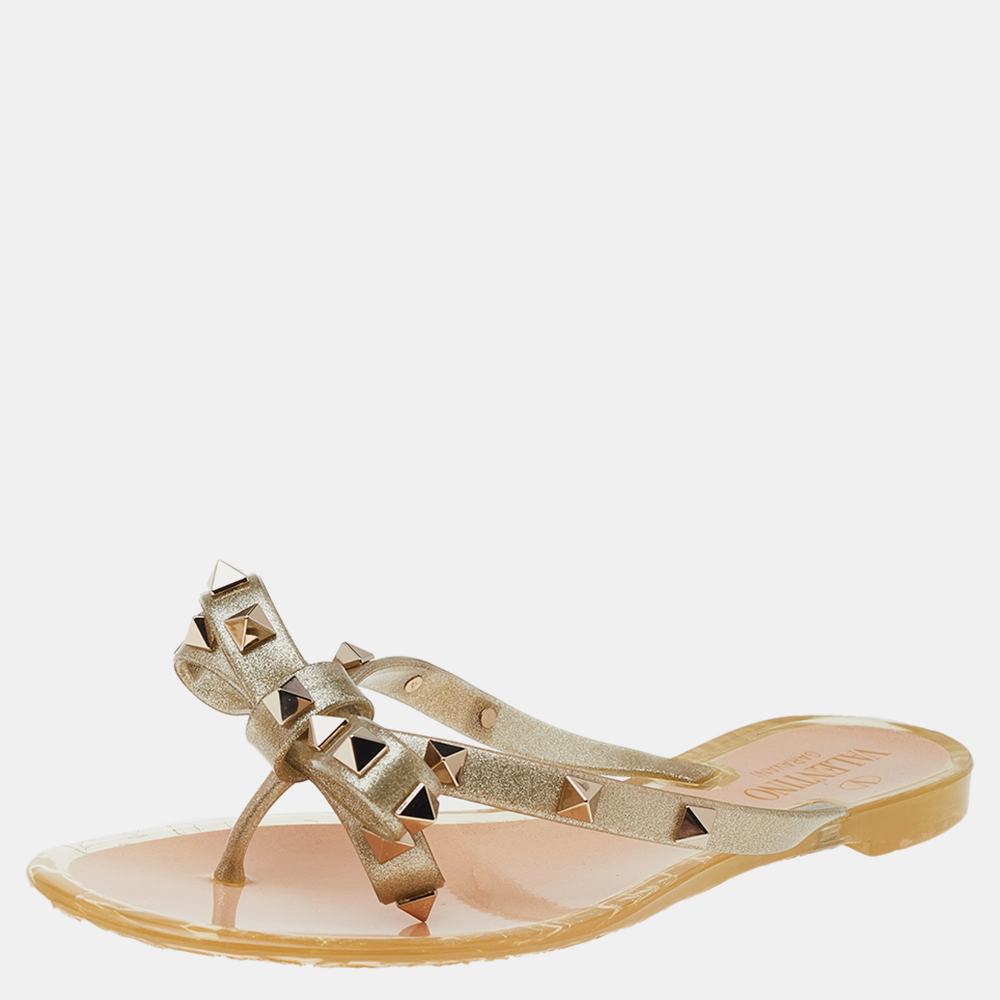 Valentino Metallic Glitter Jelly Rockstud Bow Thong Flats Size EU