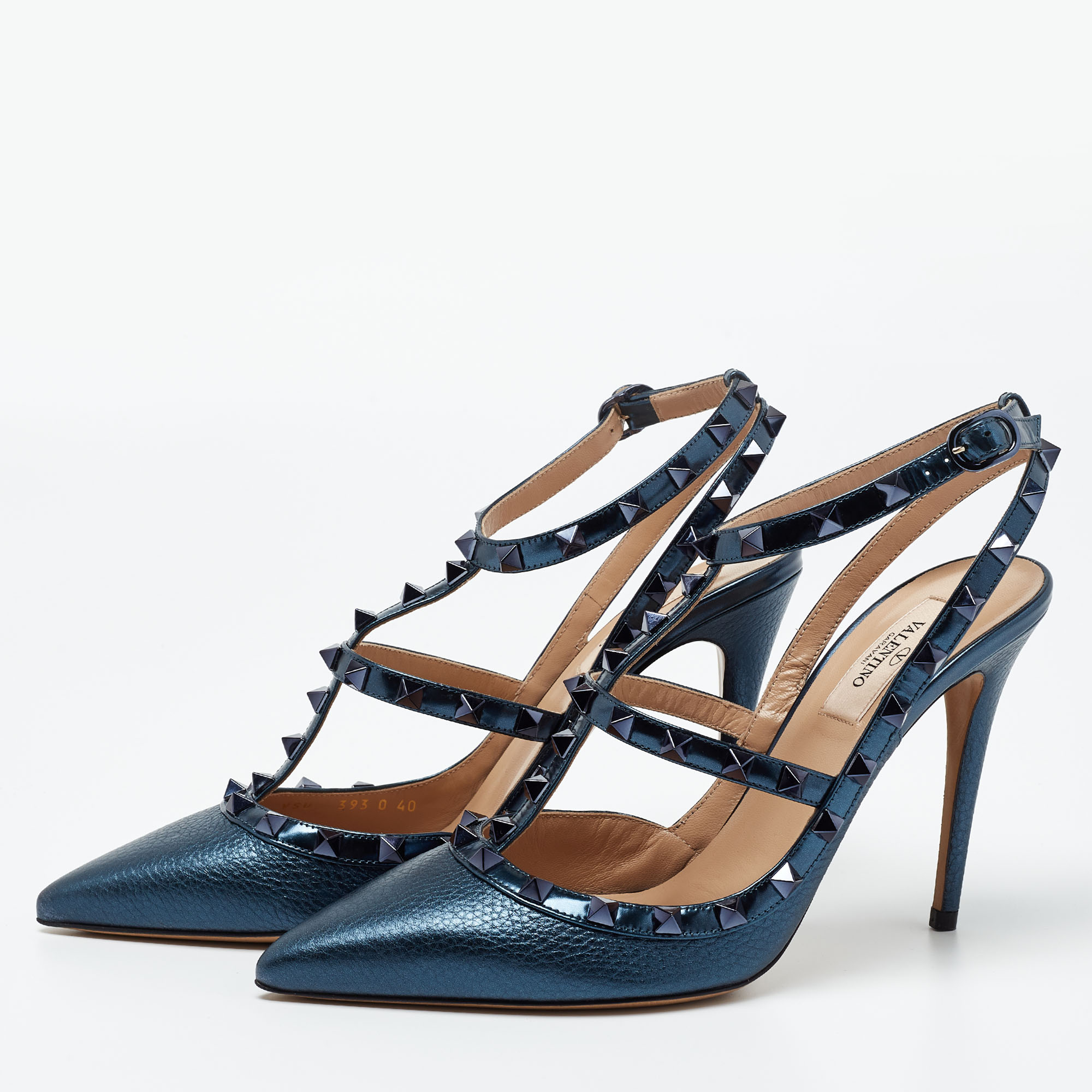 

Valentino Metallic Blue Leather Rockstud Ankle Strap Pumps Size