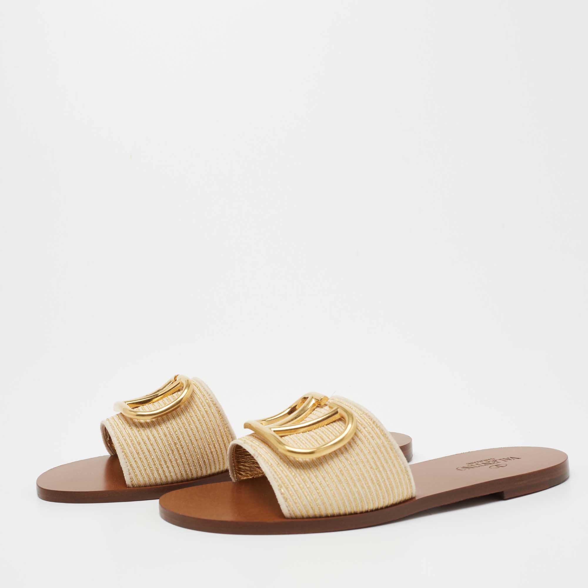 

Valentino Beige/Gold Canvas Flat Slides Size