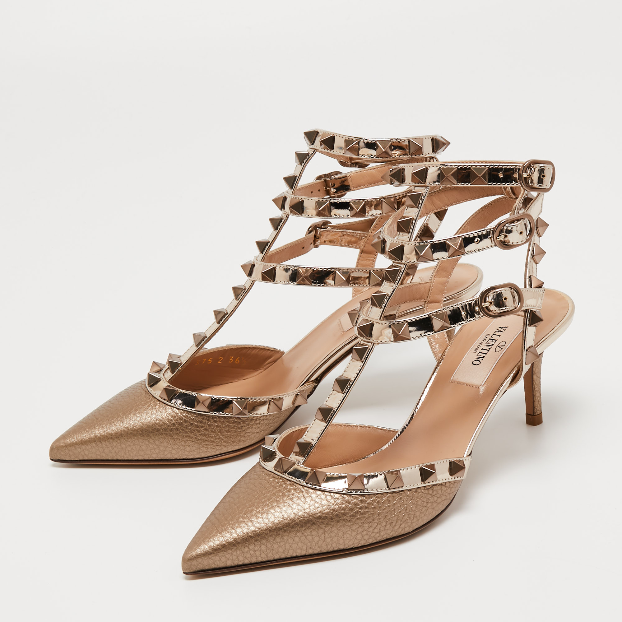 

Valentino Metallic Bronze Leather Rockstud Ankle Strap Pumps Size