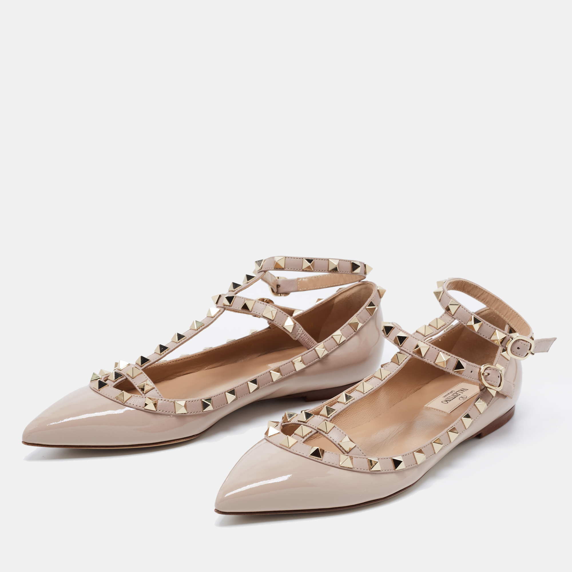 

Valentino Beige Patent Leather Rockstud Ankle Strap Flats Size