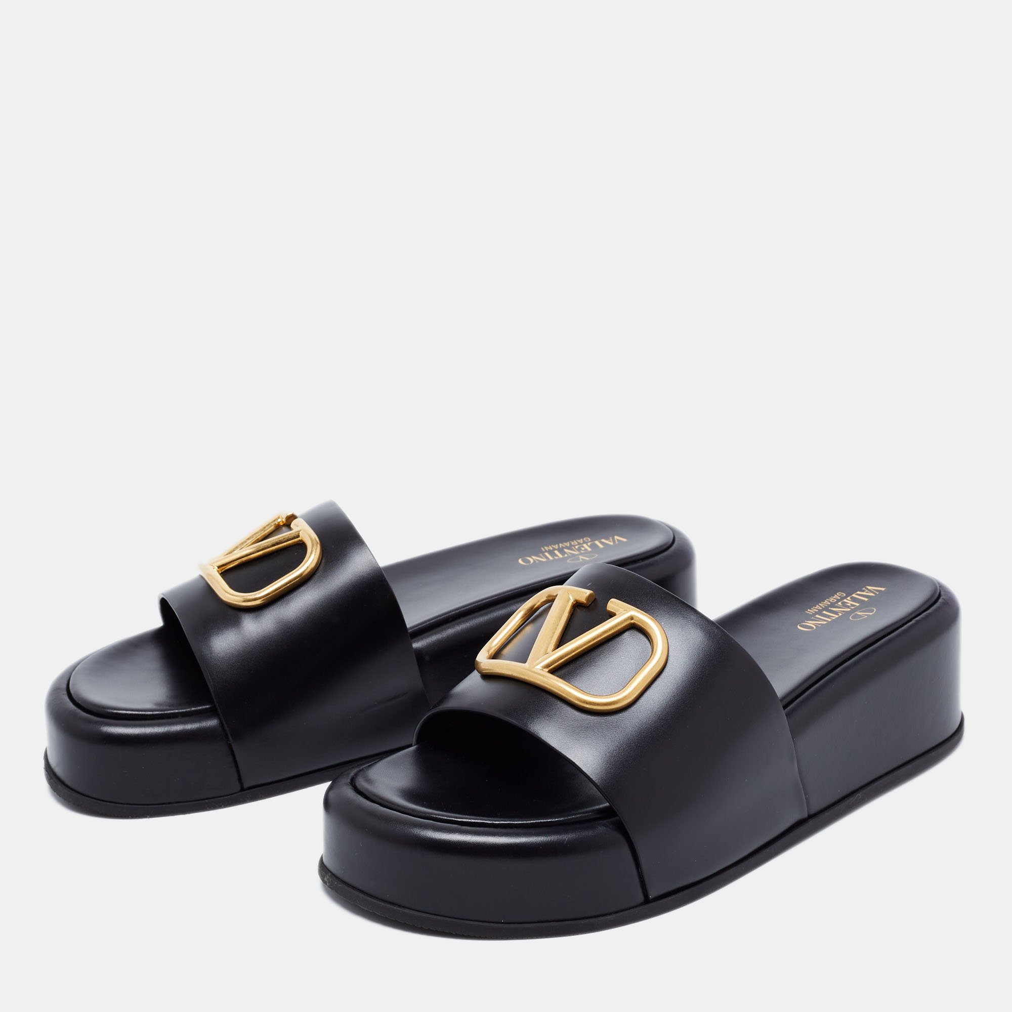 

Valentino Black Leather VLogo Platform Slides Size