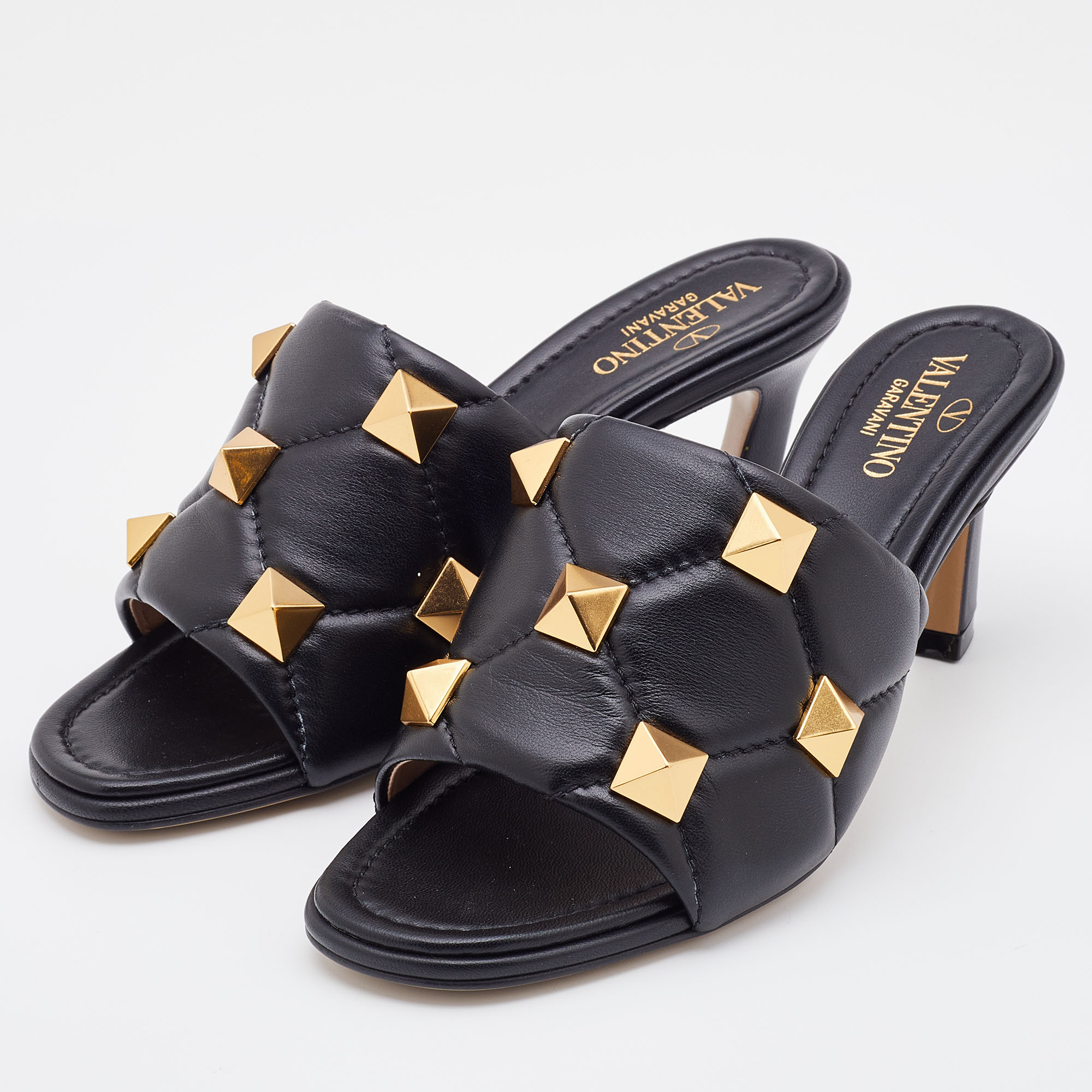

Valentino Black Quilted Leather Roman Stud Slide Sandals Size