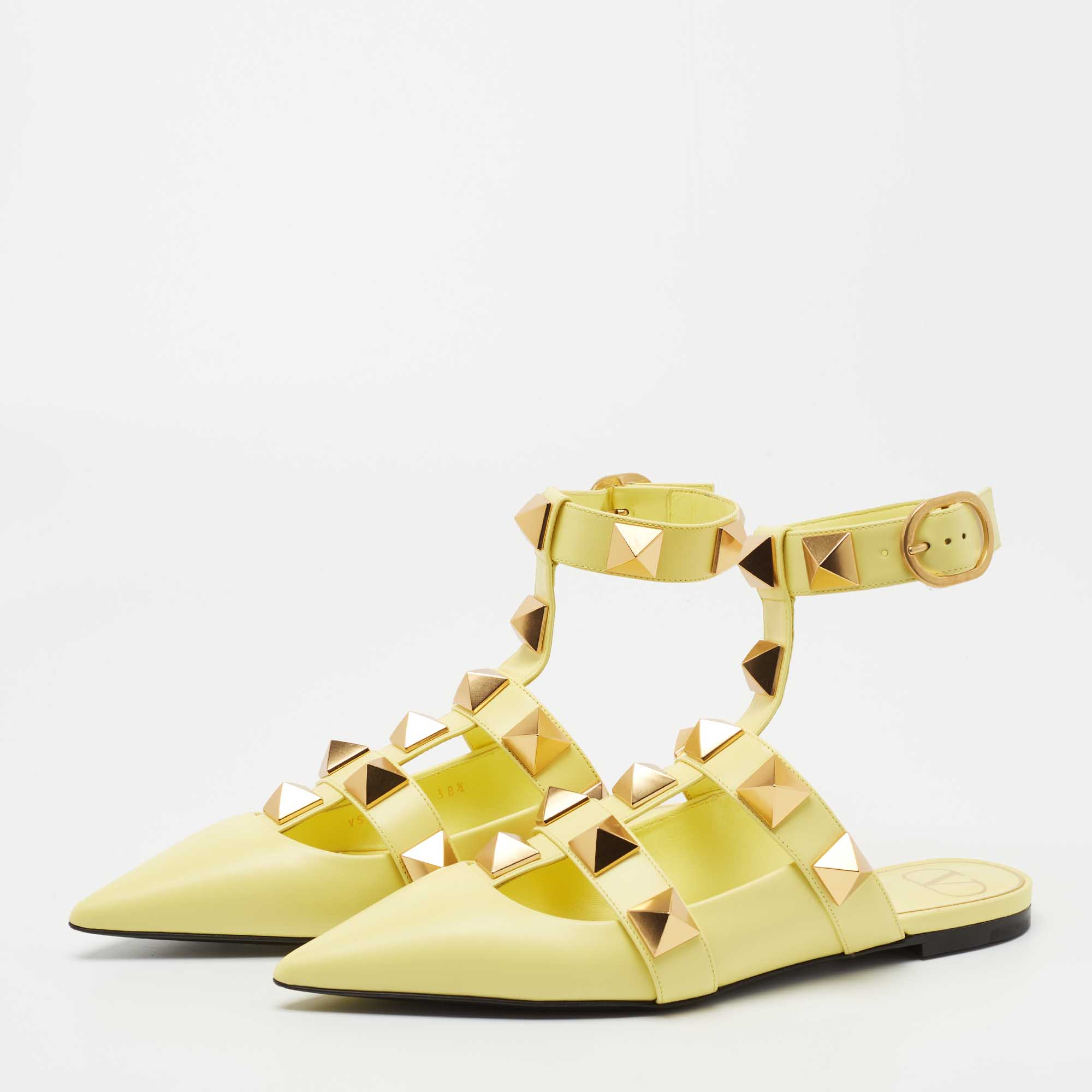

Valentino Yellow Leather Roman Stud Flat Ankle Strap Sandals Size