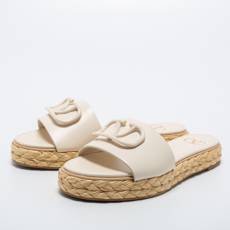 

Valentino Off-White Leather VLogo Signature Raffia Espadrille Flat Slides Size