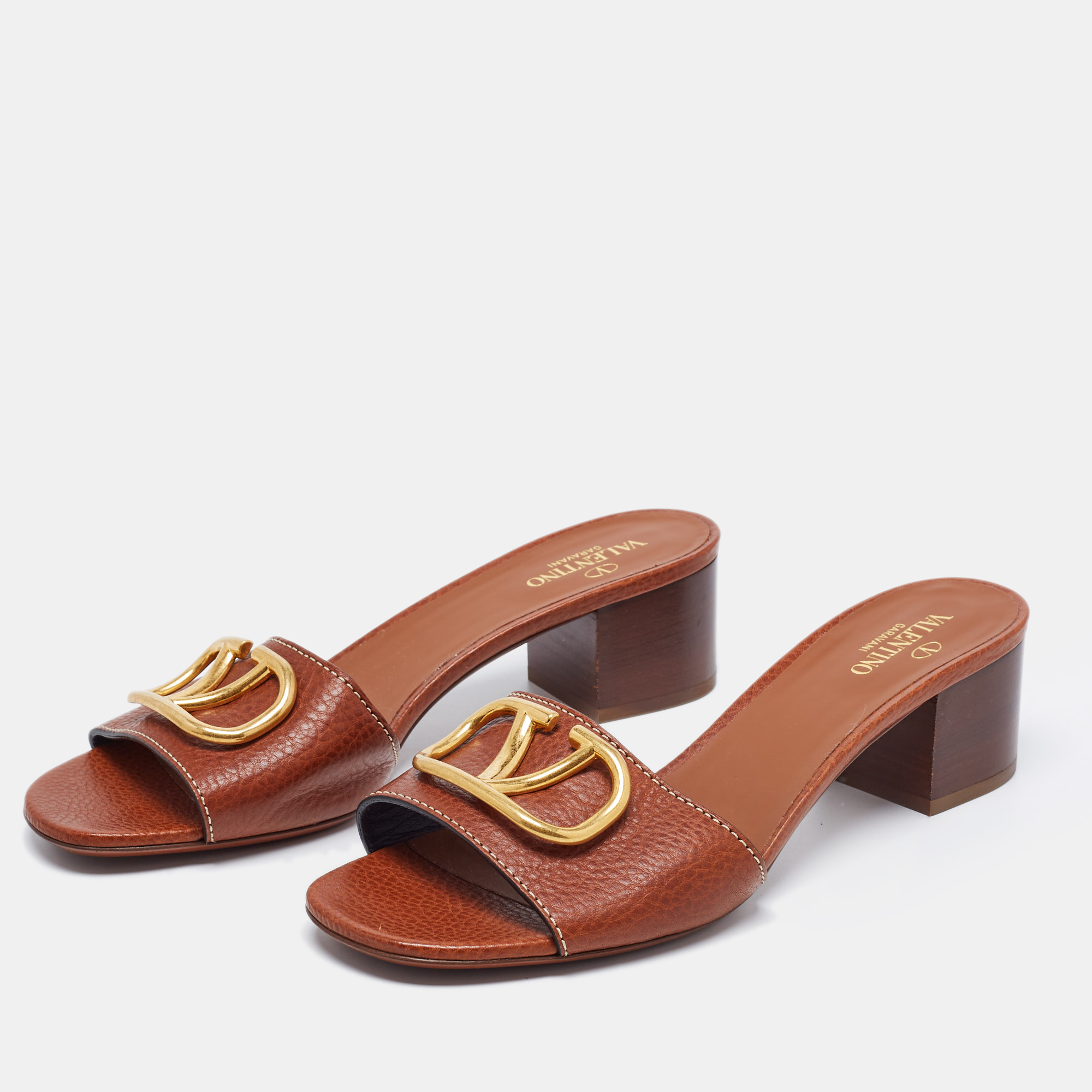

Valentino Brown Leather V Logo Block Heel Slide Sandals Size