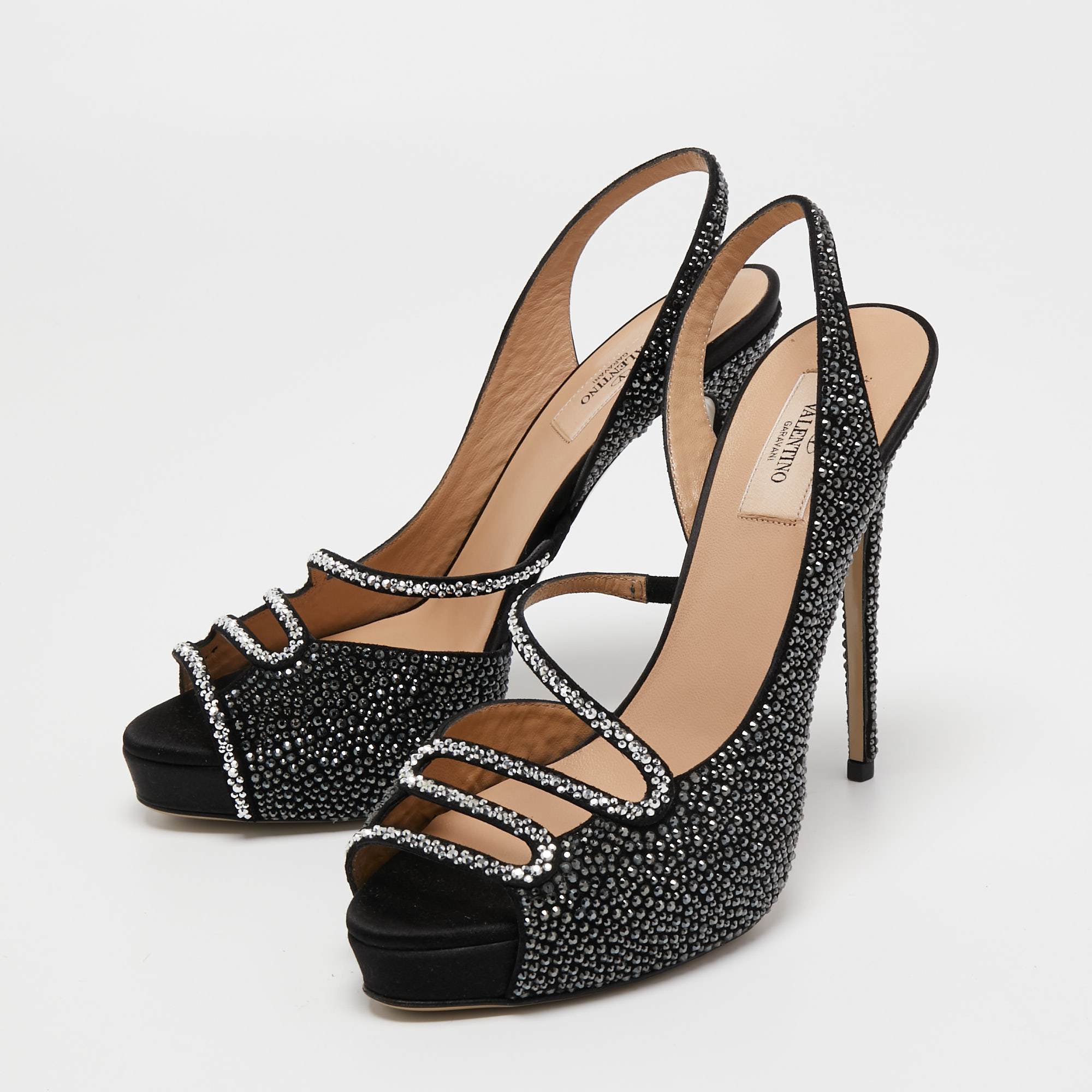 

Valentino Black Satin Crystal Embellished Slingback Platform Sandals Size