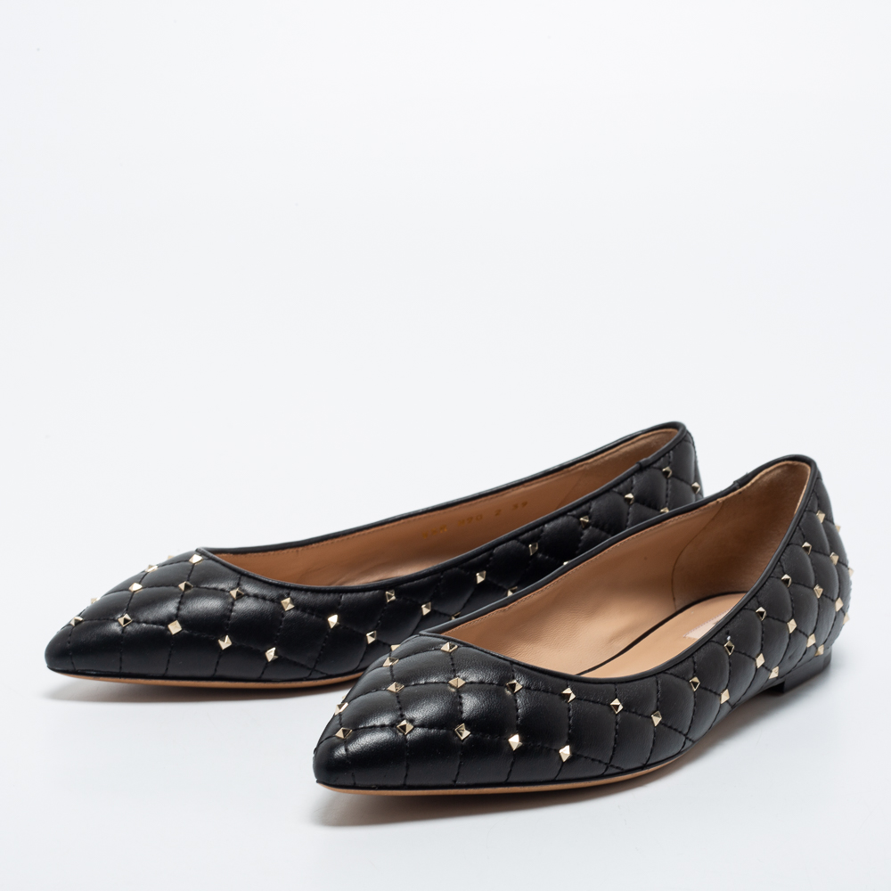 

Valentino Black Quilted Leather Rockstud Spike Pointed Toe Ballet Flats Size