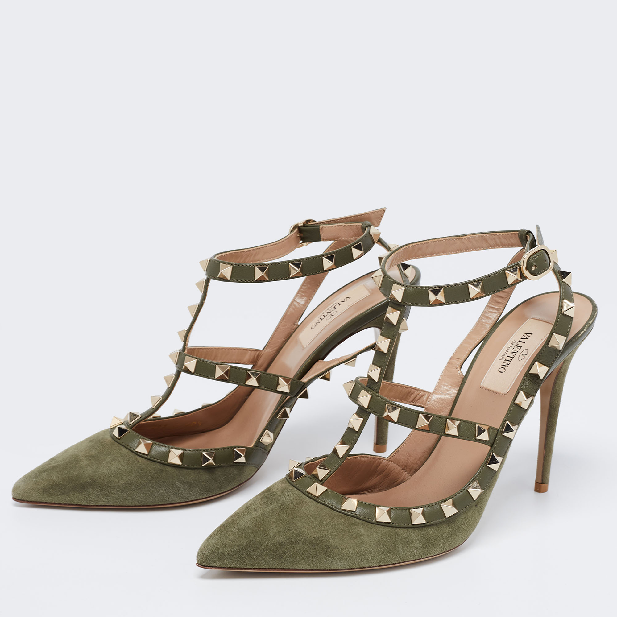 

Valentino Green Suede Rockstud Ankle Strap Pumps Size
