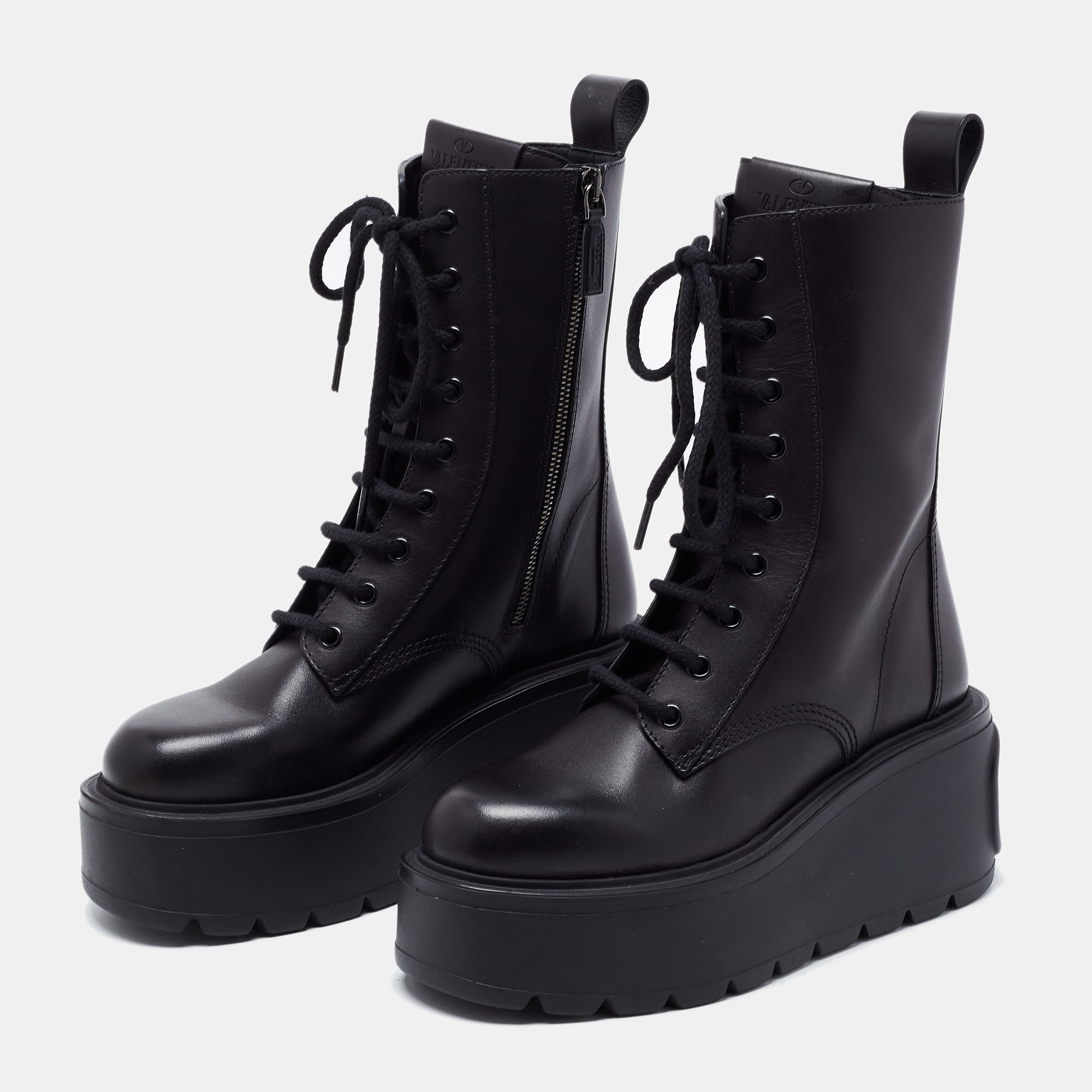 

Valentino Black Leather Uniqueform Platform Combat Boots Size