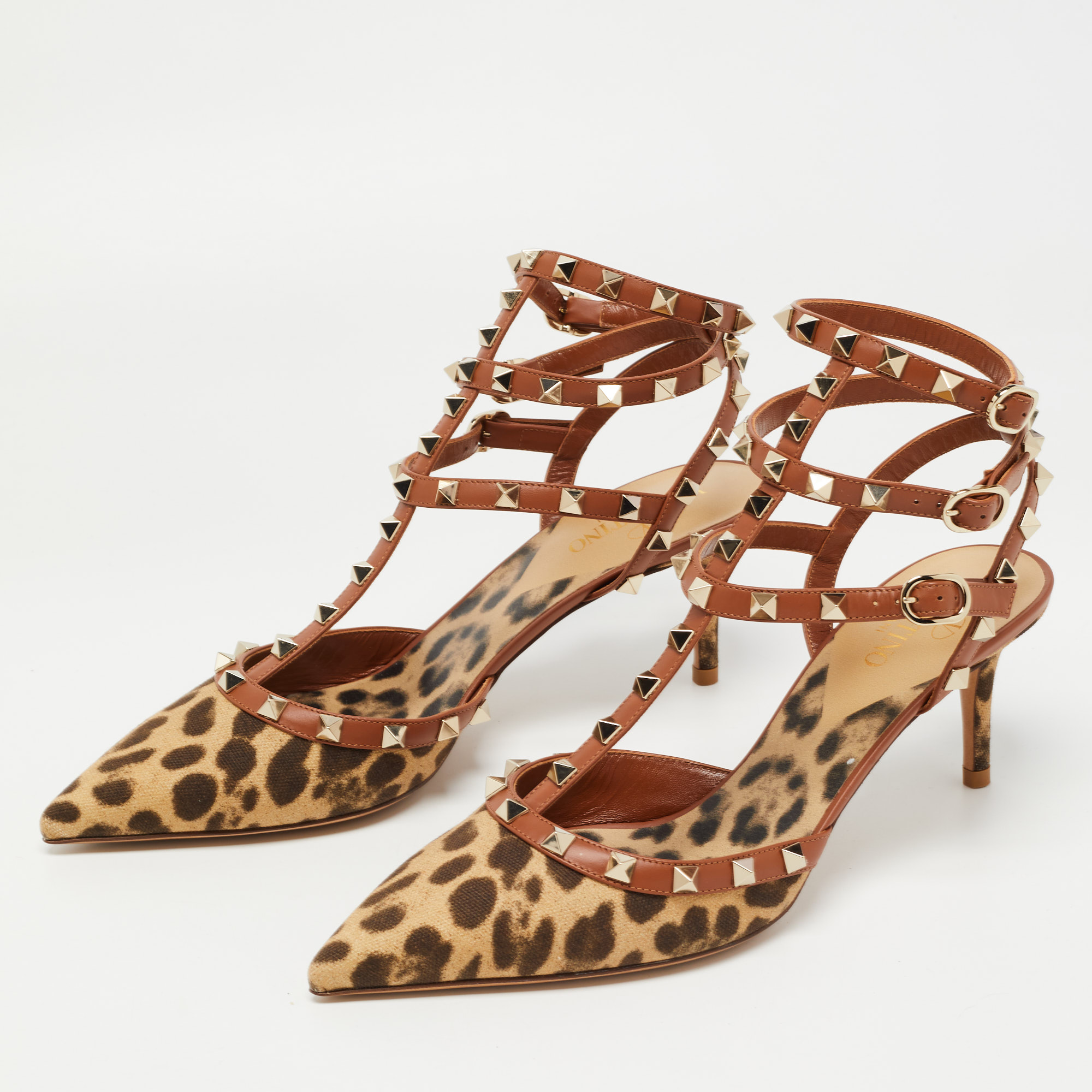 

Valentino Brown Leather and Canvas Rockstud Ankle Strap Pumps Size