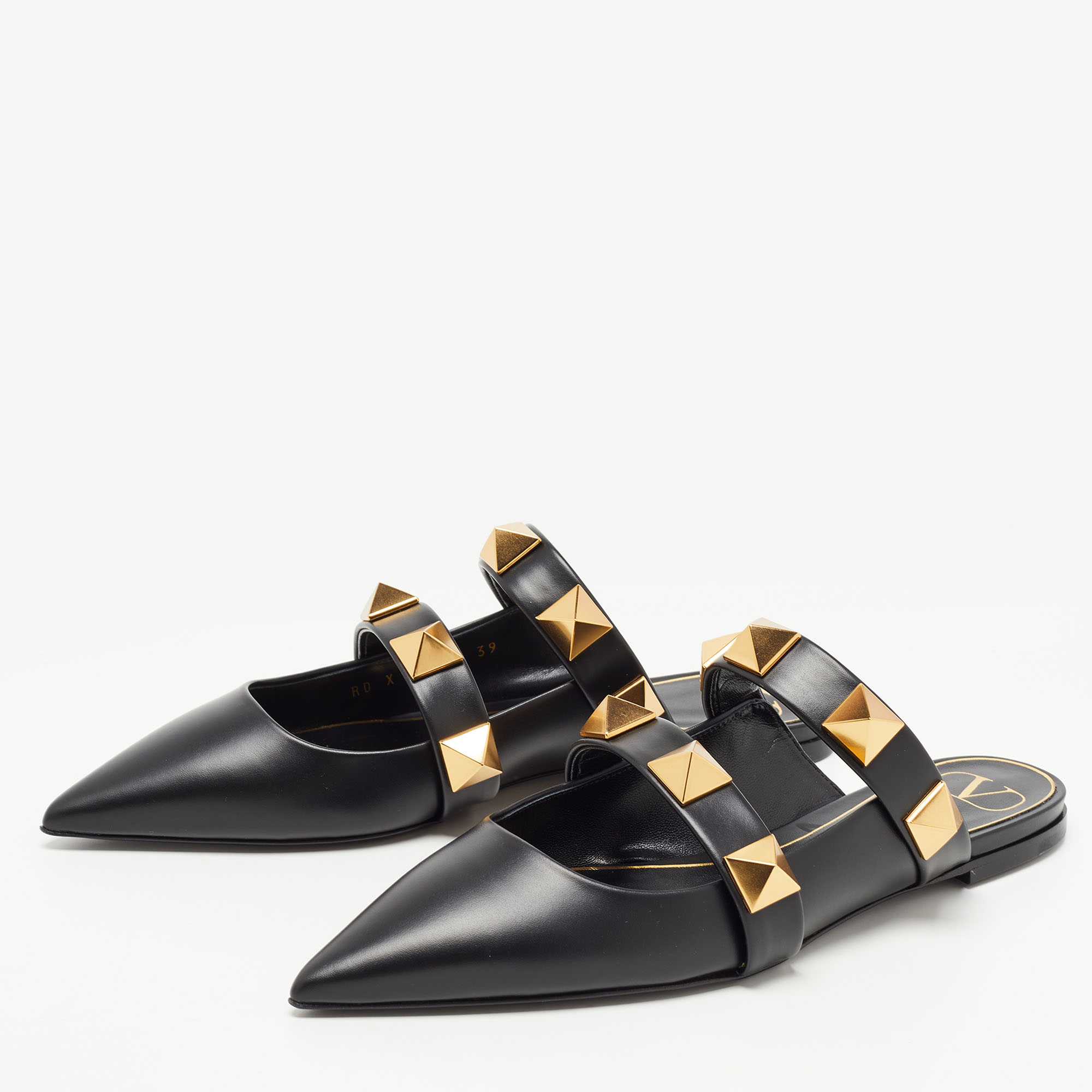 

Valentino Black Leather Roman Stud Flat Mules Size