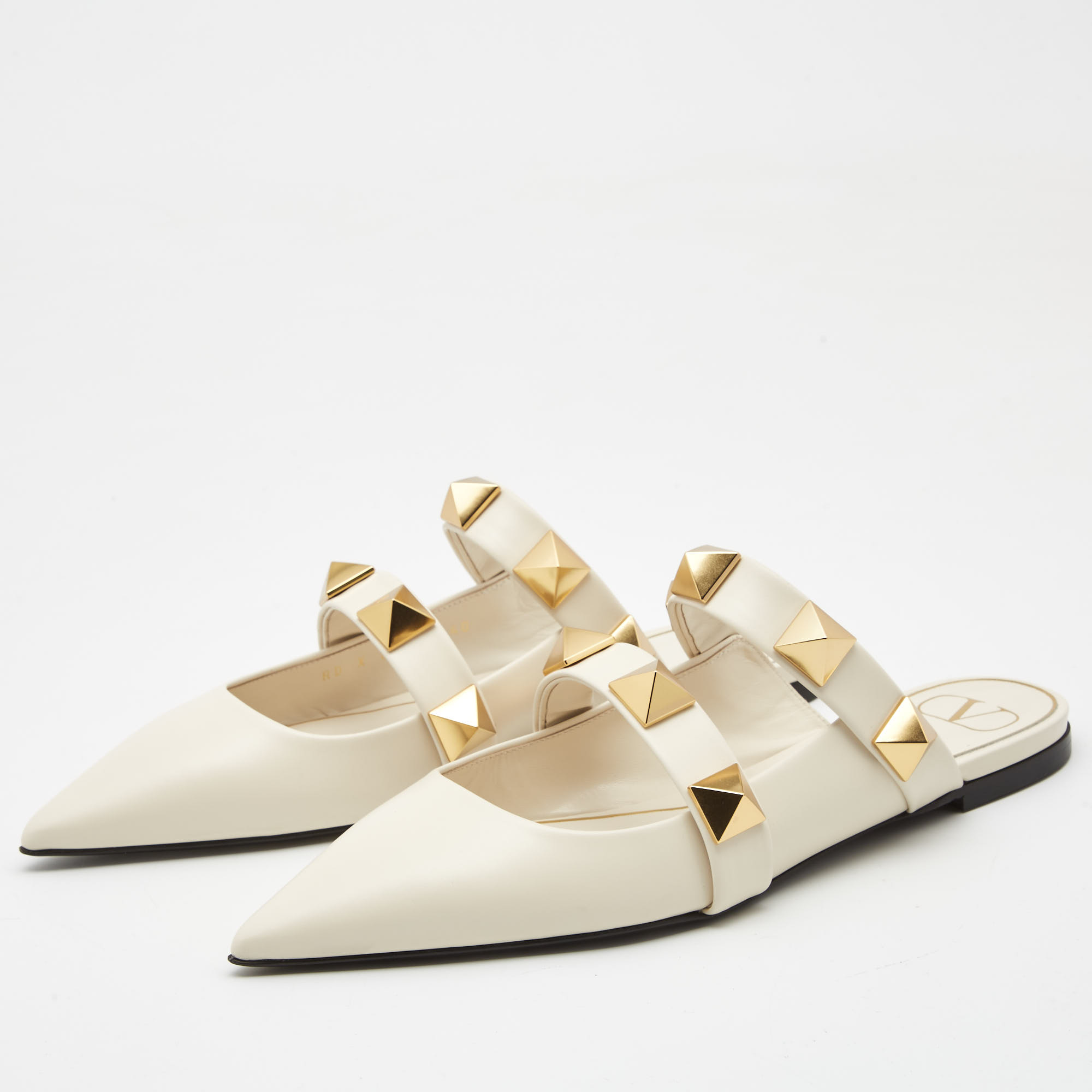 

Valentino White Leather Roman Stud Flat Mules Size, Cream