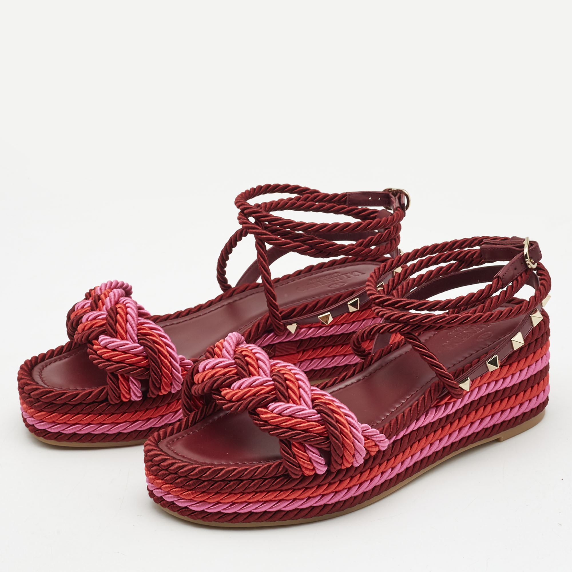 

Valentino Multicolor Leather and Rope The Rope Wedge Sandals Size