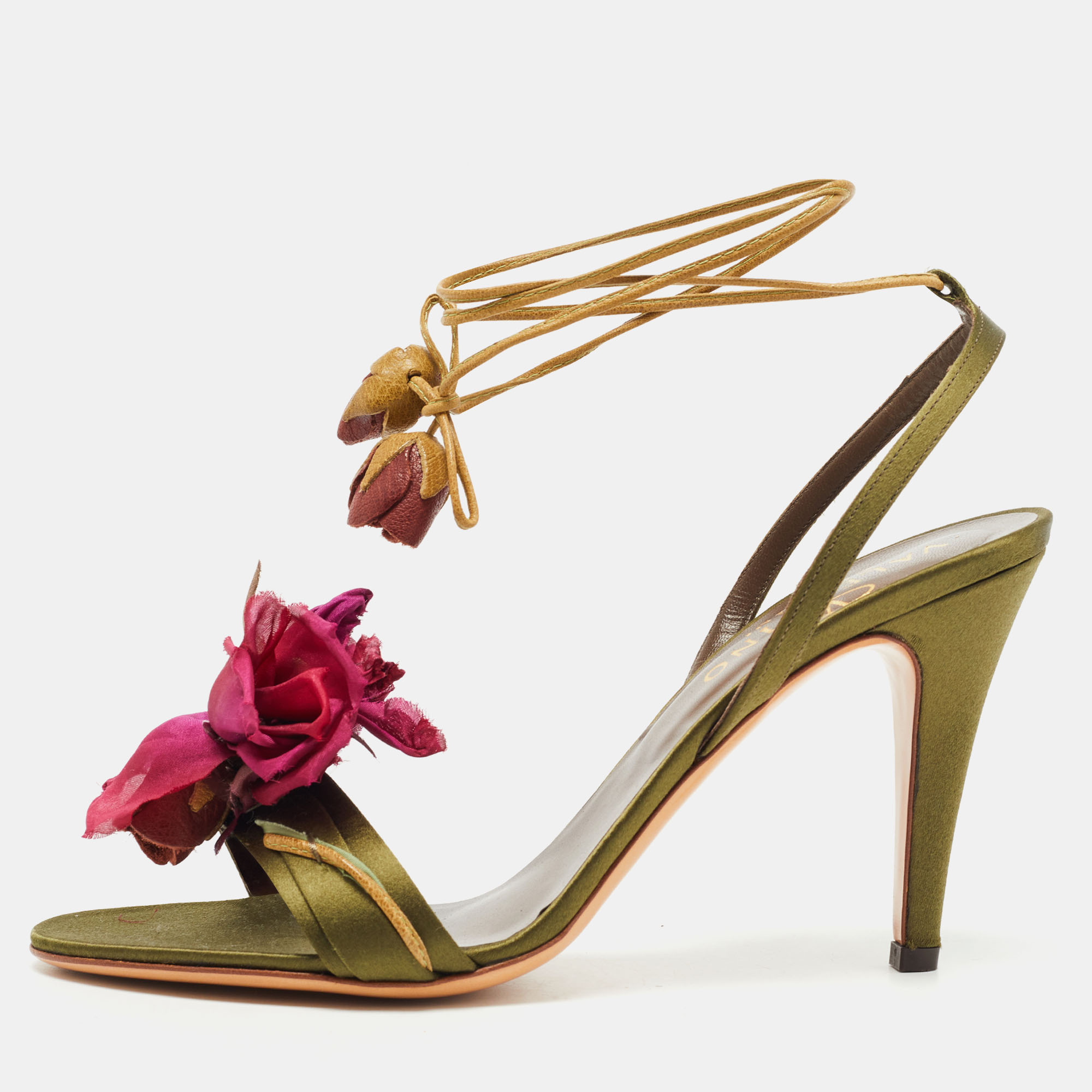 Pre-owned Valentino Garavani Olive Green Satin Floral Applique Ankle Tie Sandals Size 38.5