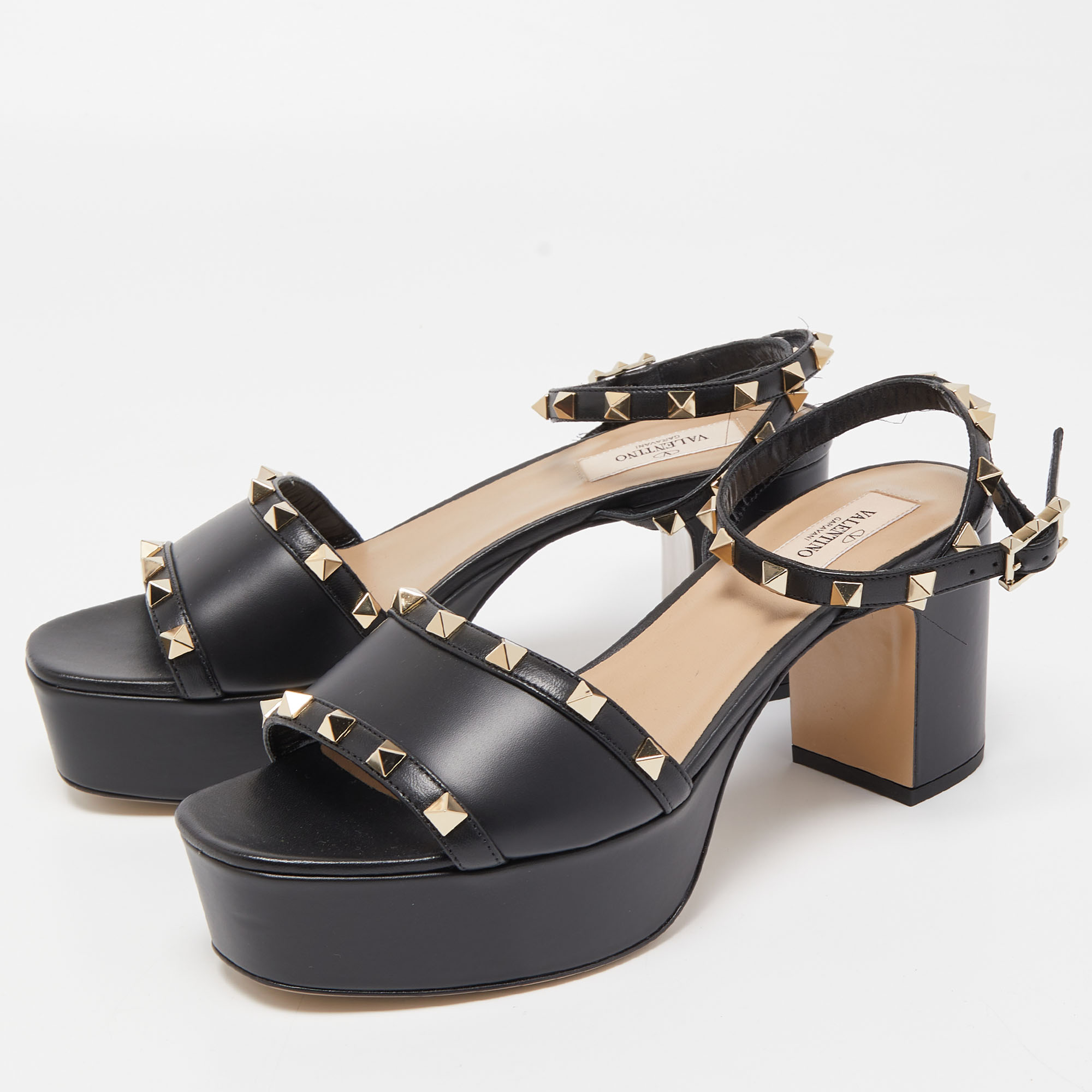 

Valentino Black Leather Rockstud Ankle Strap Platform Sandals Size