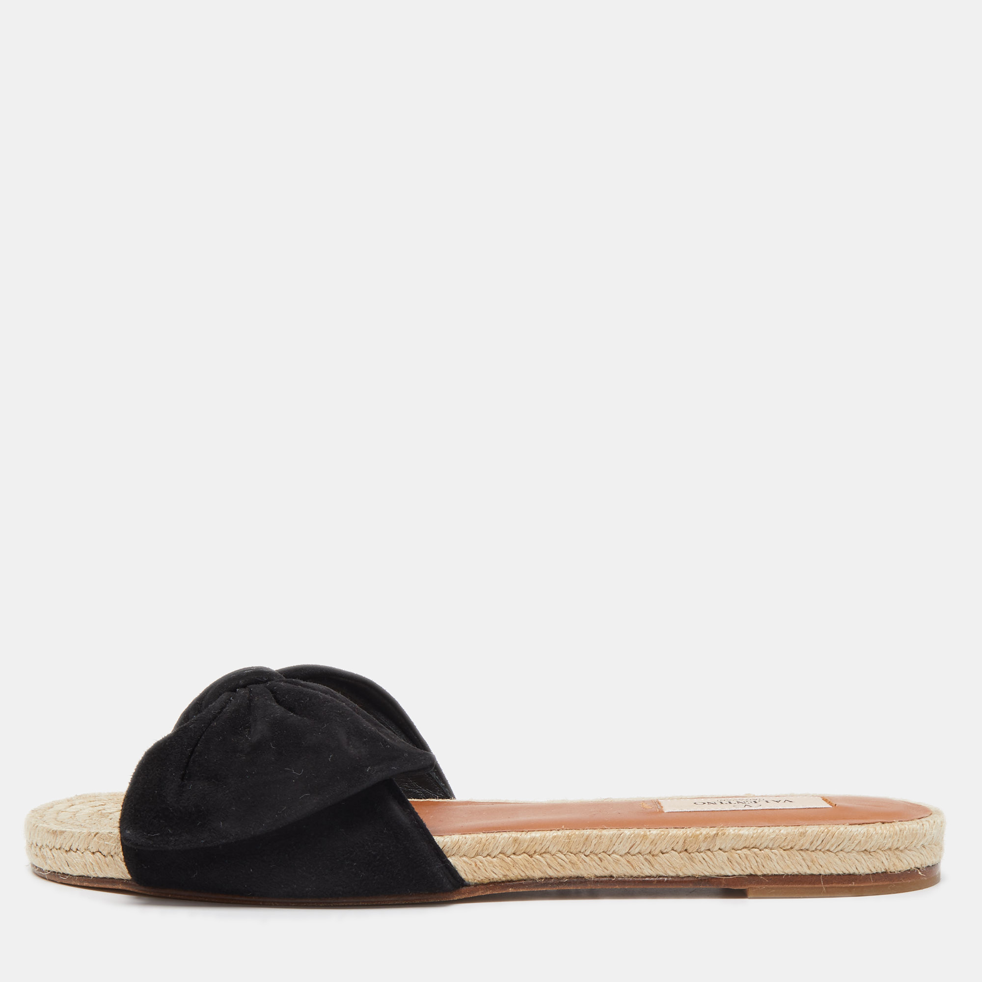 Pre Owned Valentino Black Suede Bow Espadrille Flat Slides Size 41