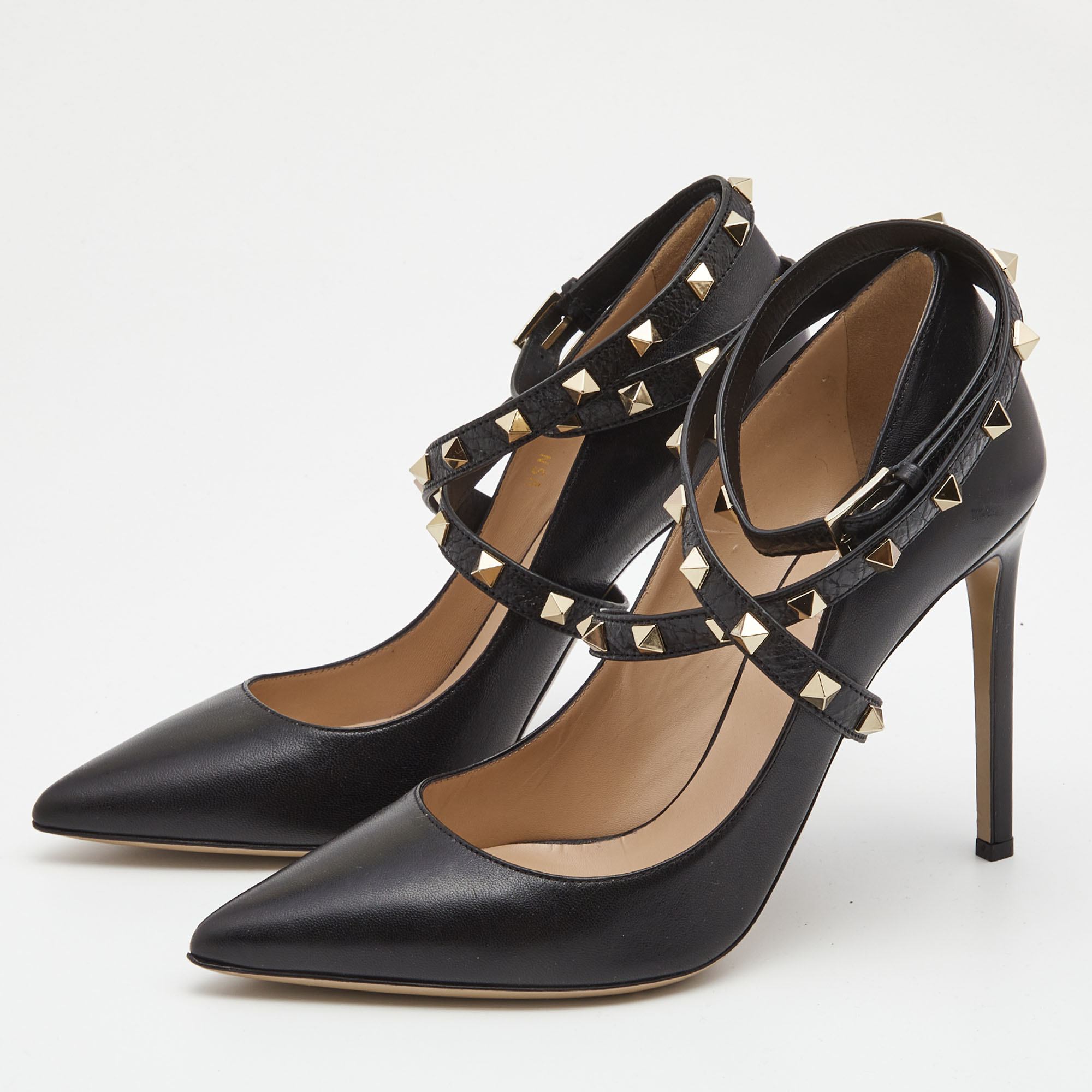 

Valentino Black Leather Rockstud Ankle Wrap Pumps Size