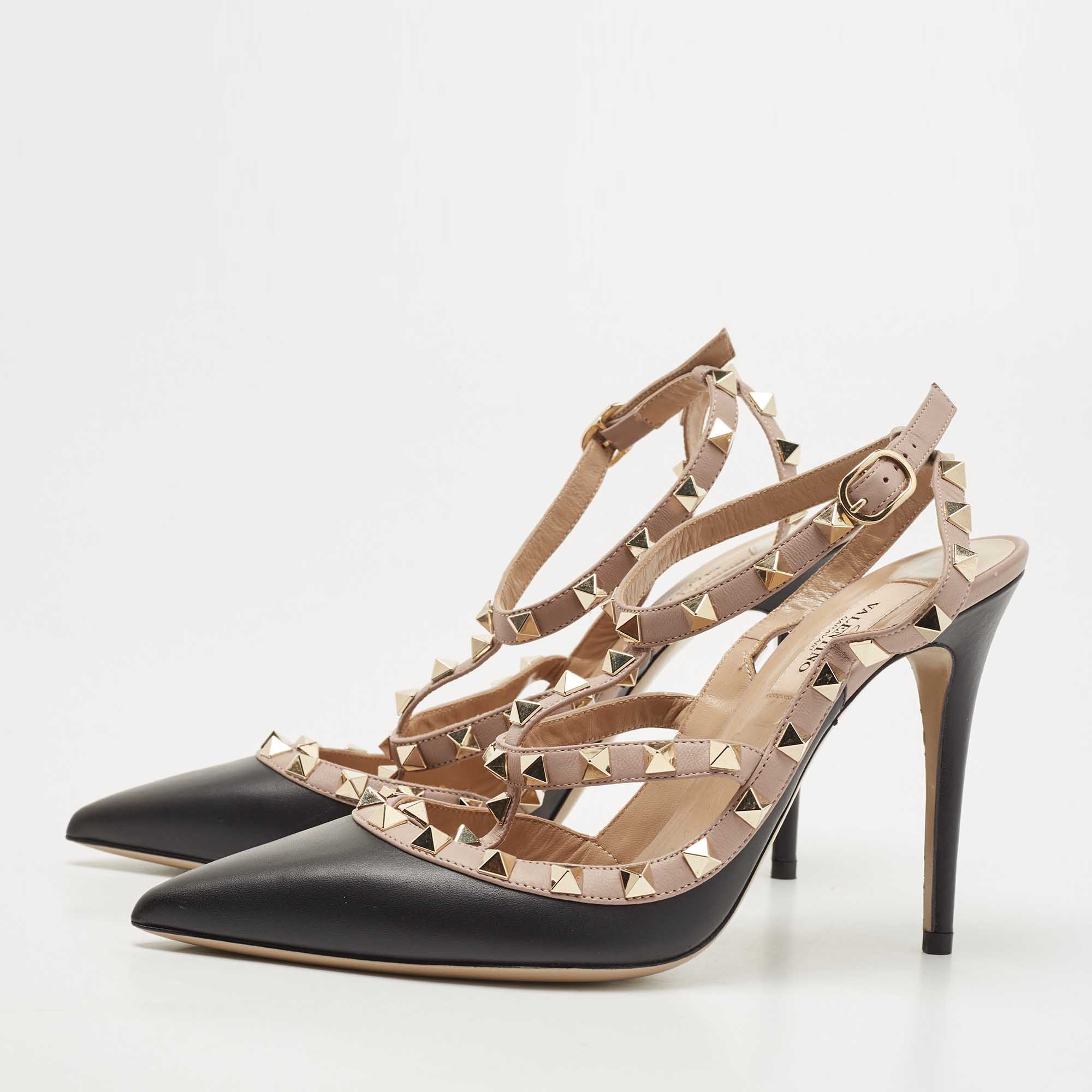 

Valentino Black/Dusty Pink Leather Rockstud Ankle Strap Pumps Size