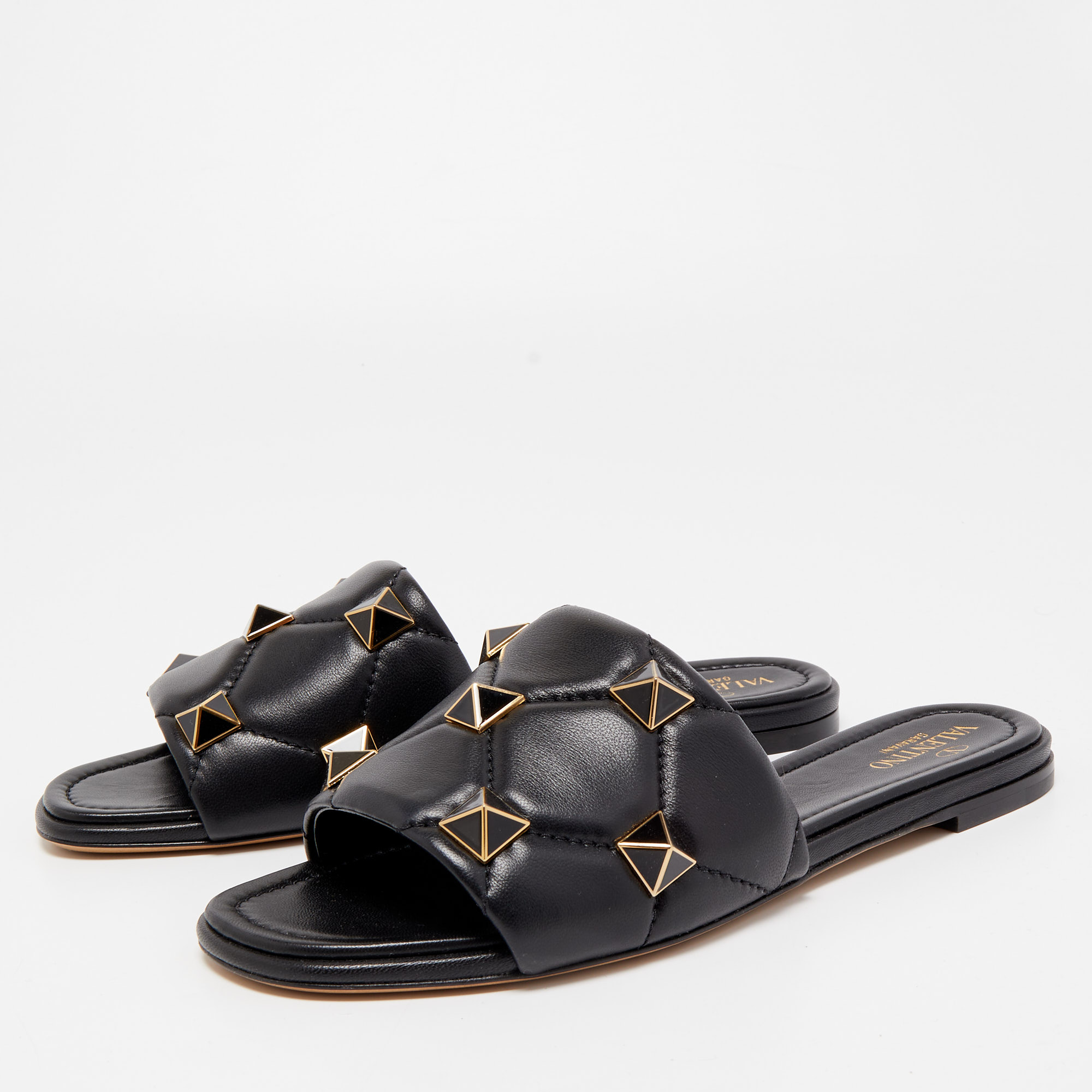 

Valentino Black Leather Roman Stud Flat Slides Size