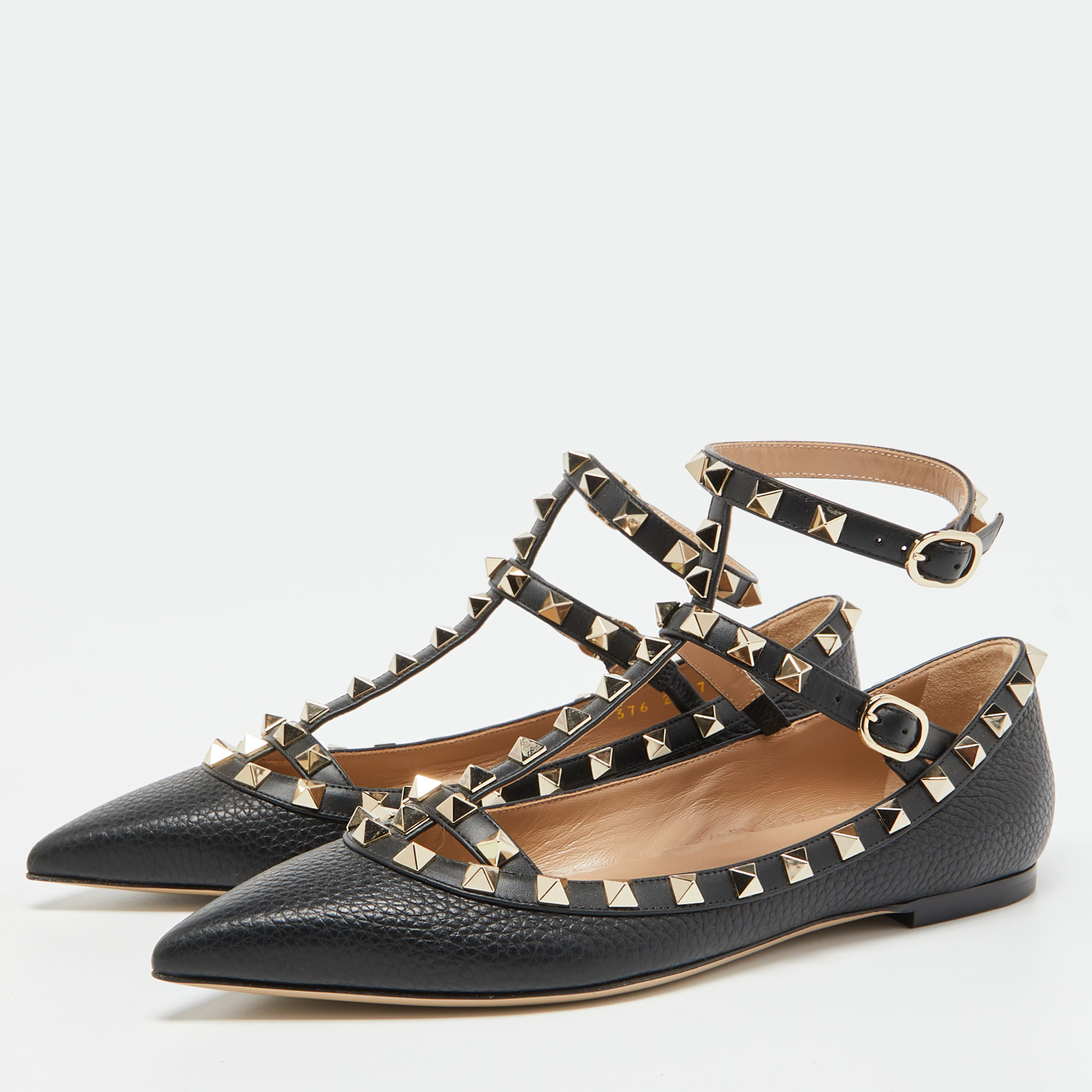 

Valentino Black Leather Rockstud Flat Ankle Strap Sandals Size