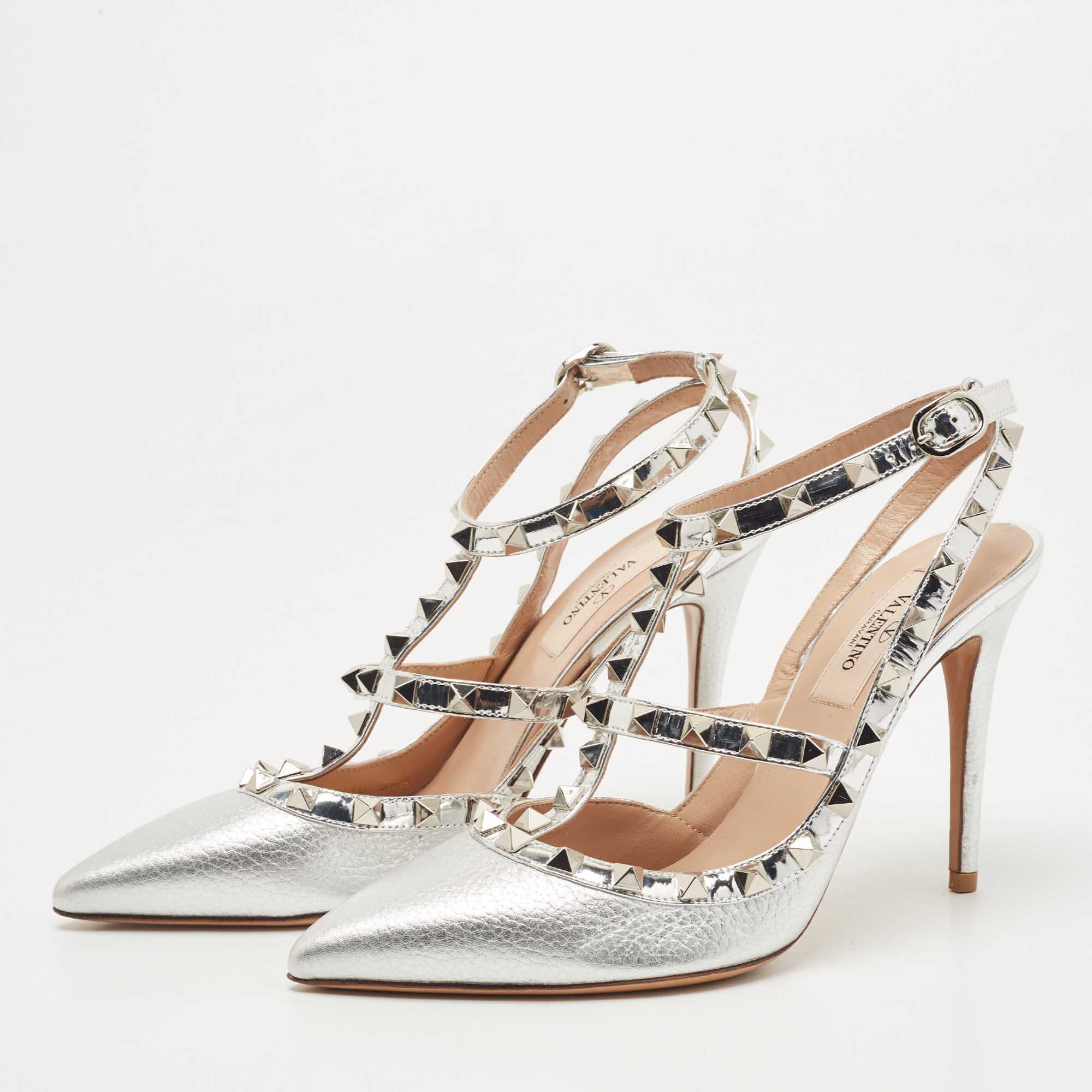 

Valentino Silver Leather Rockstud Ankle Strap Pumps Size