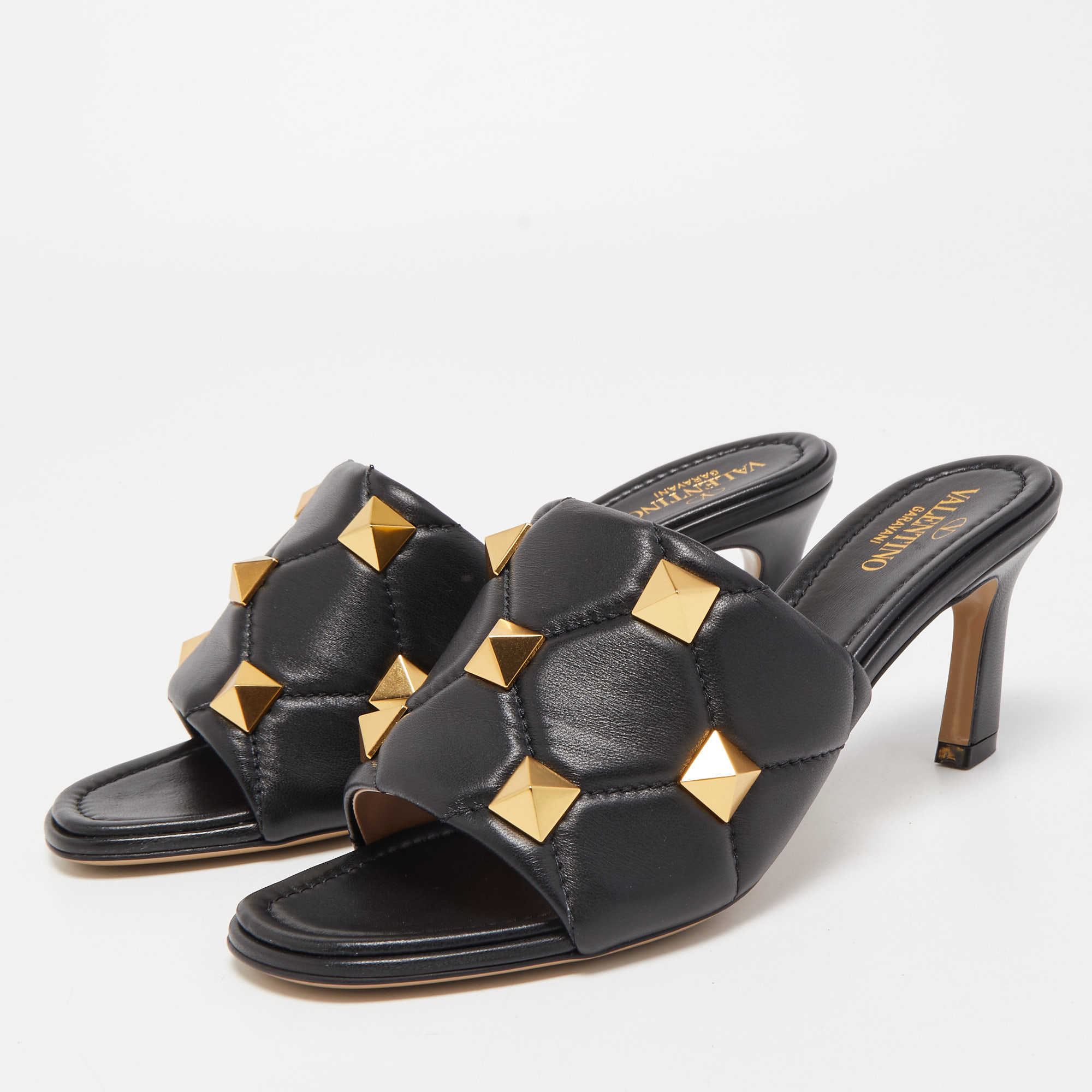 

Valentino Black Leather Roman Stud Slide Sandals Size