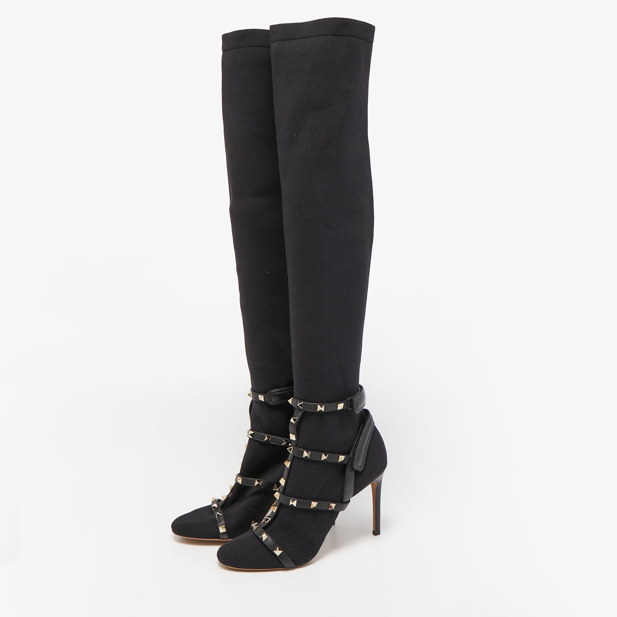 

Valentino Black Knit Fabric and Leather Rockstud Over The Knee Booties Size