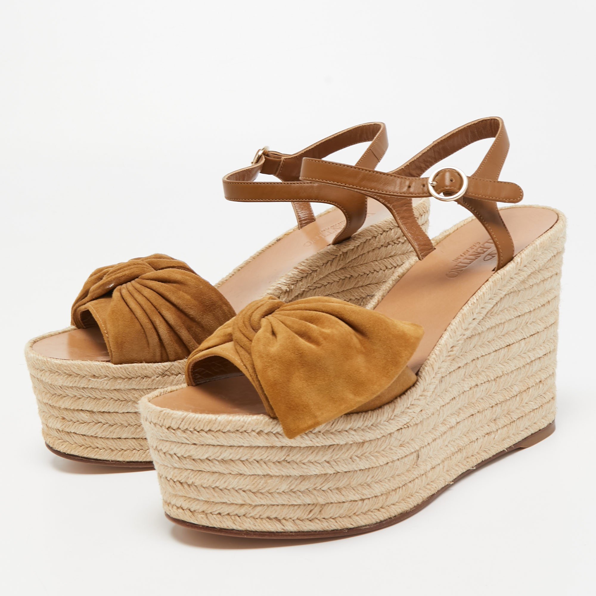 

Valentino Brown Suede and Leather Wedge Bow Espadrille Sandals Size