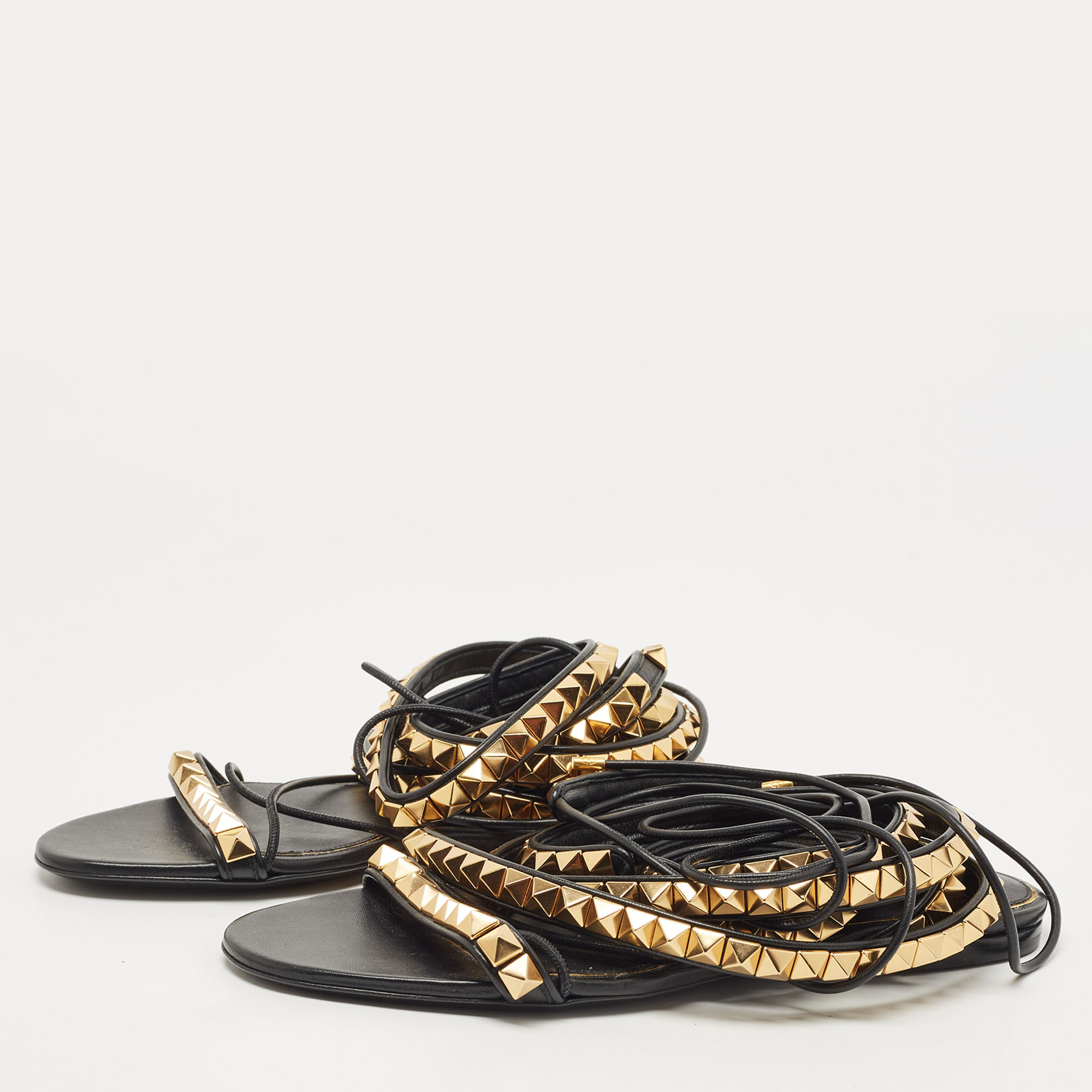 

Valentino Black Leather Rockstud Ankle Strap Flat Sandals Size