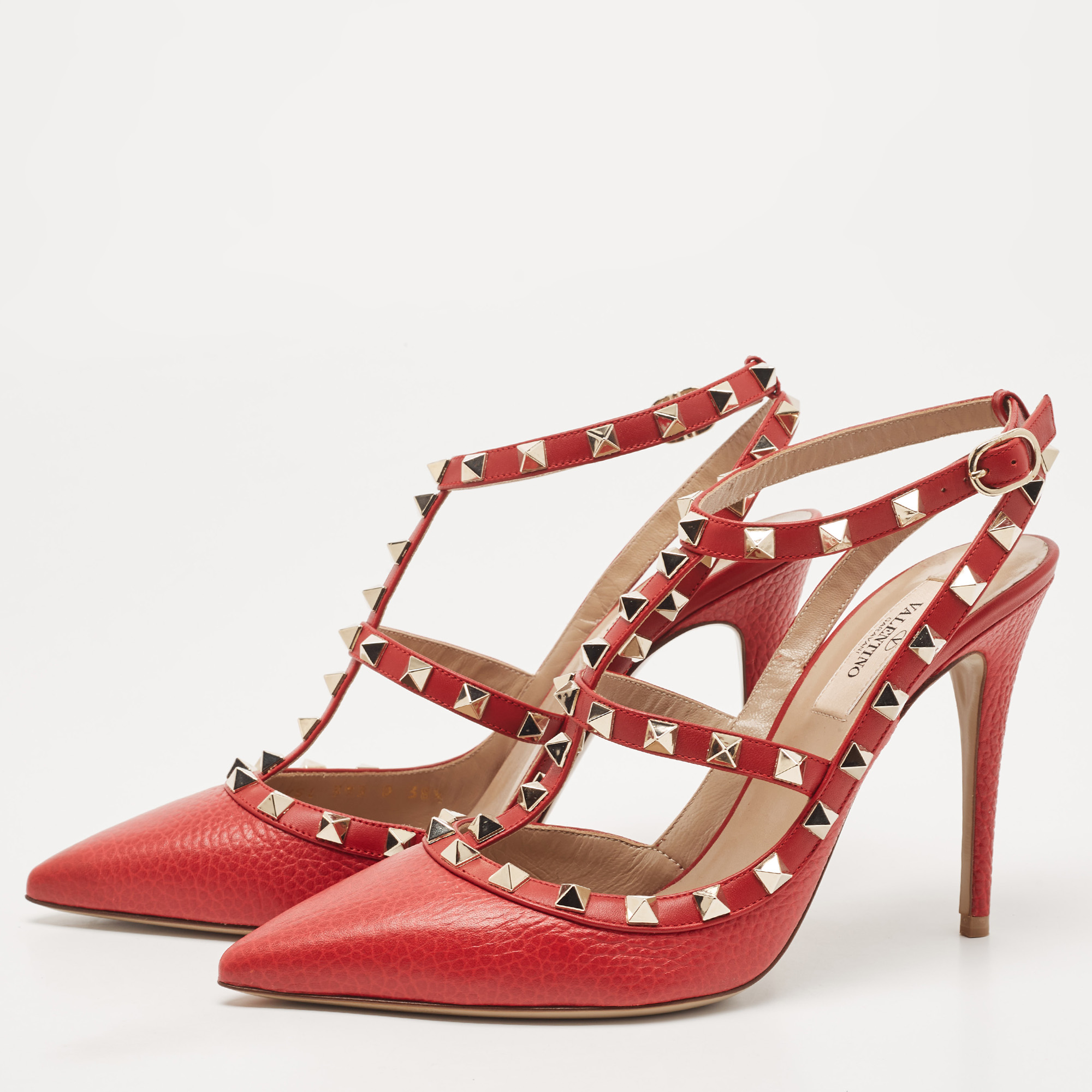

Valentino Red Leather Rockstud Ankle Strap Pumps Size