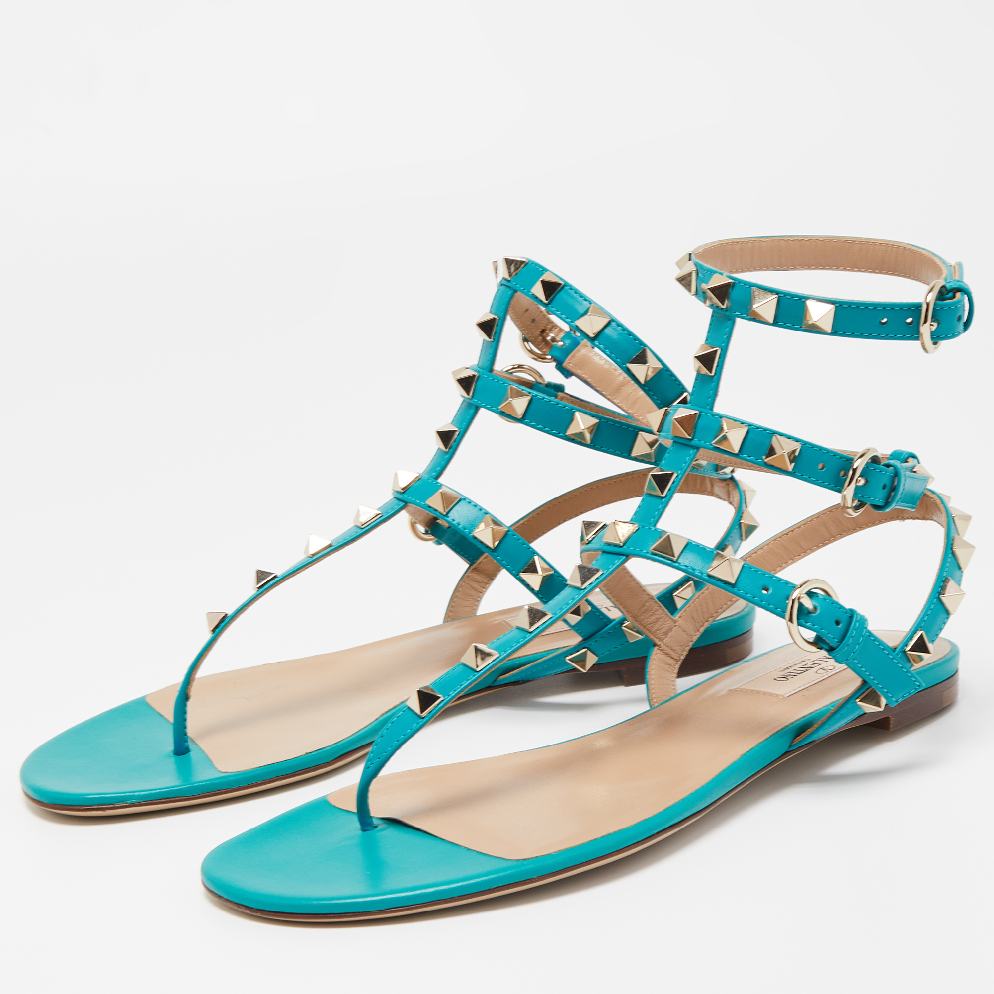 

Valentino Green Leather Rockstud Ankle Strap Flats Size