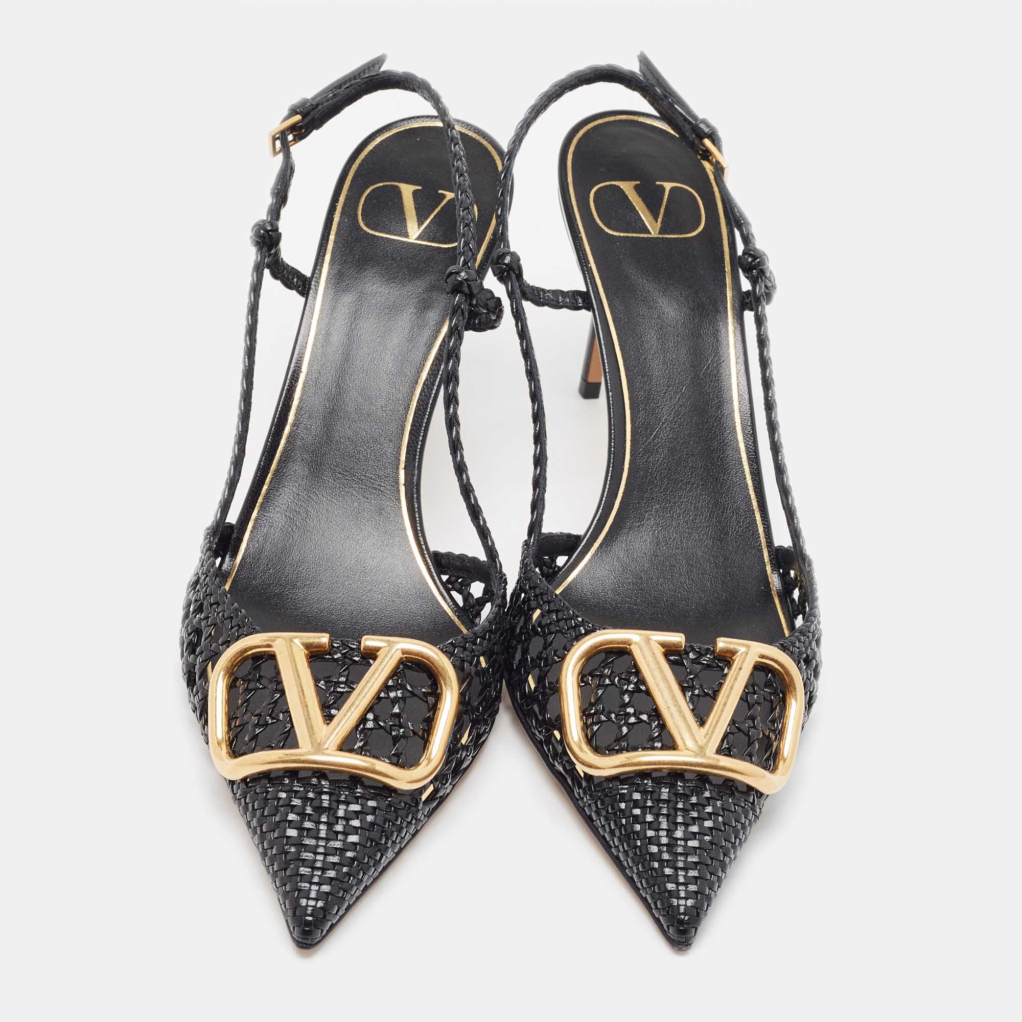 

Valentino Black Woven Leather VLOGO Slingback Sandals Size