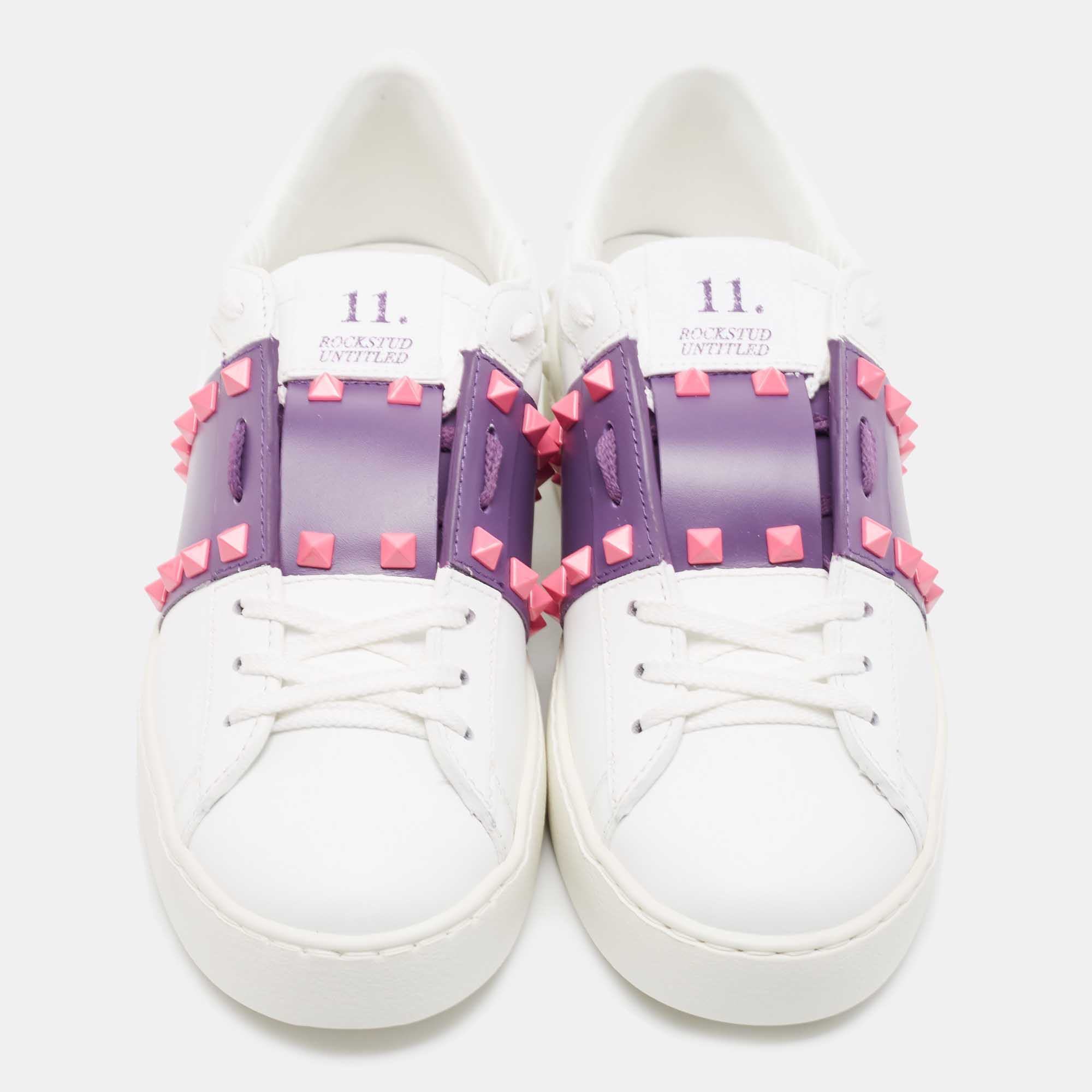 

Valentino White And Purple Band Leather Open Low Top Sneakers Size