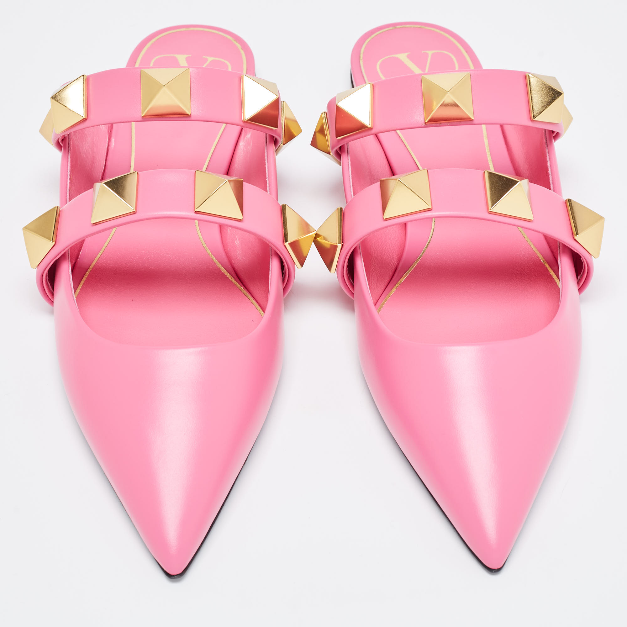 

Valentino Pink Leather Roman Stud Flat Mules Size