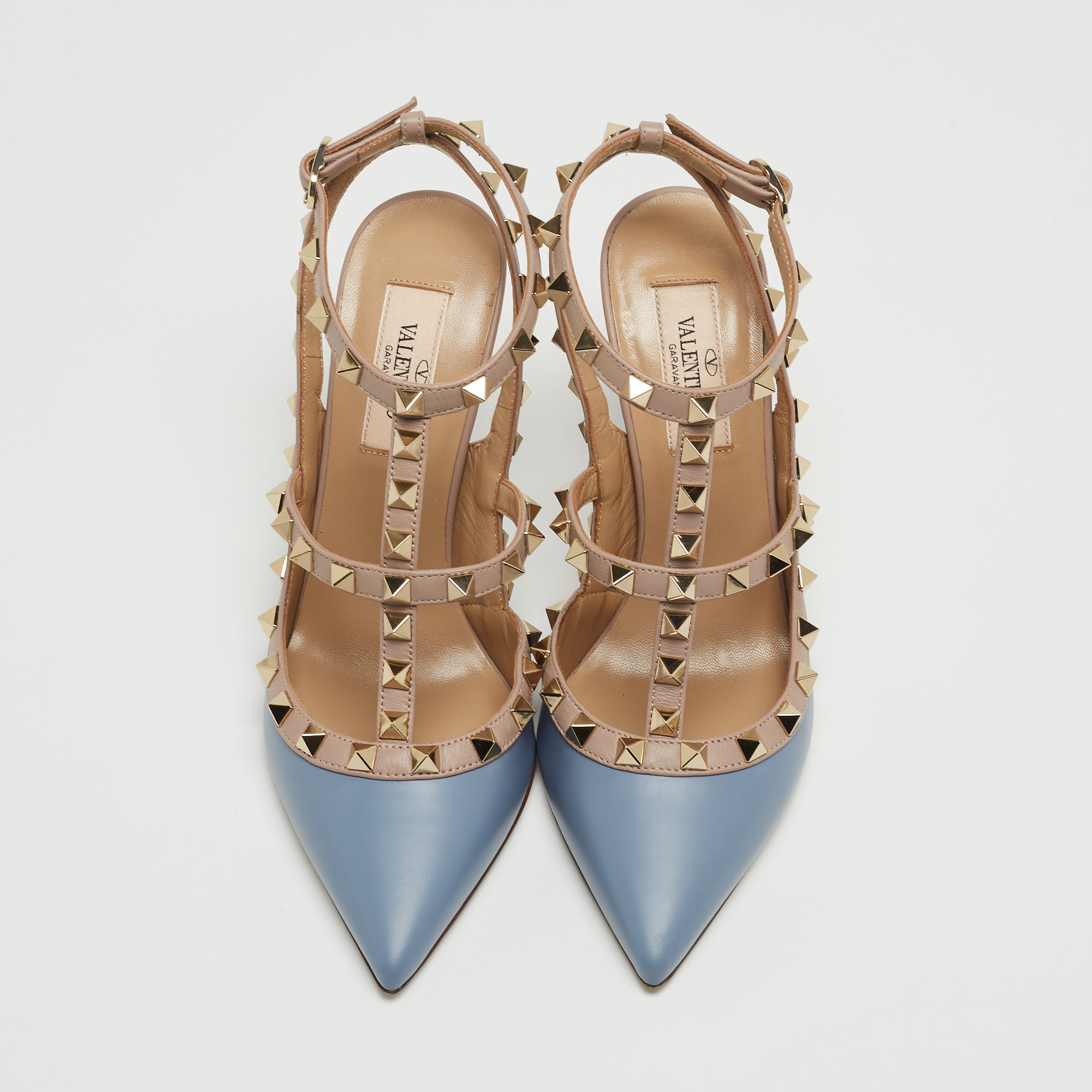 

Valentino Blue/Beige Leather Studded Ankle Strap Sandals Size