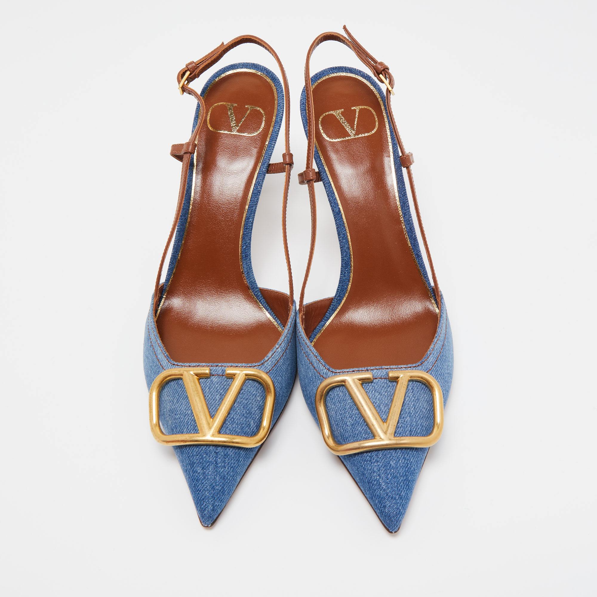 

Valentino Blue/Brown Denim And Leather Vlogo Slingback Sandals Size