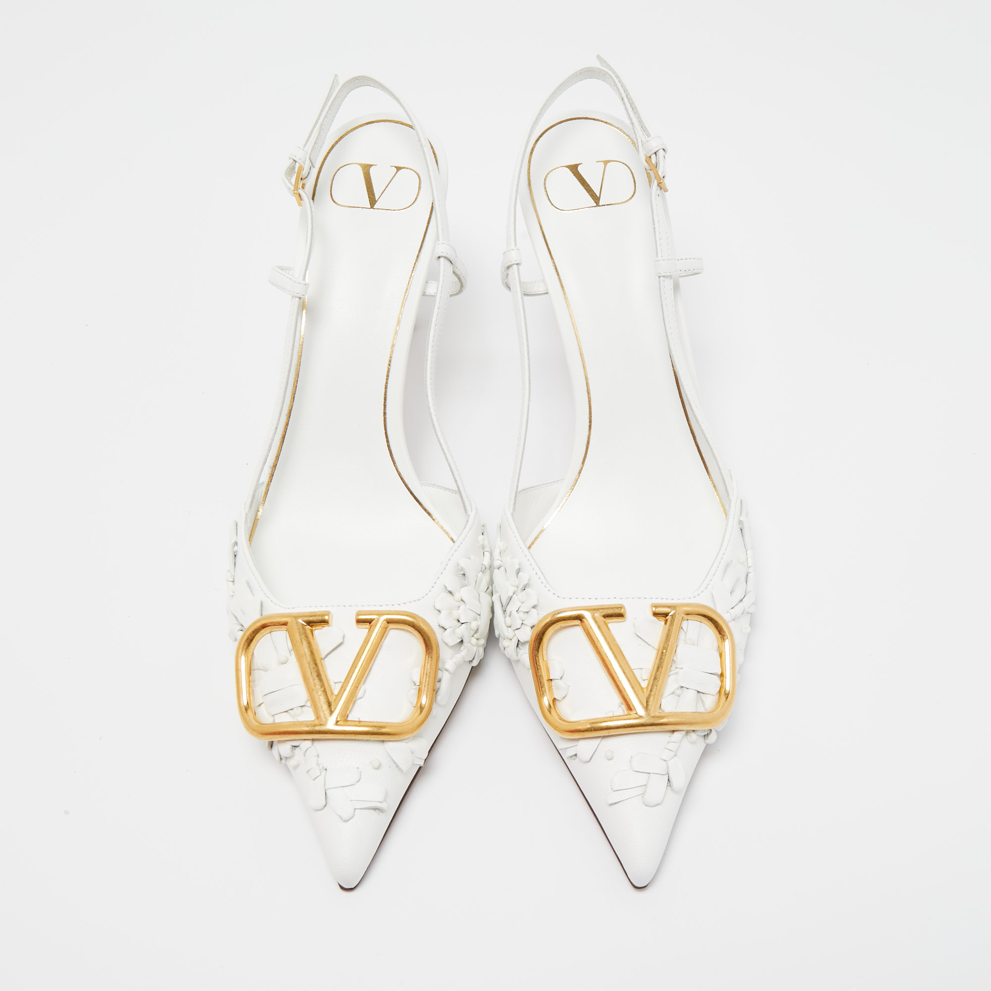 

Valentino White Leather VLogo Applique Slingback Pumps Size